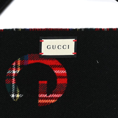 Gucci Cashmere Wool Logo Reversible Tartan Fringe Scarf Red Black 5 of 5