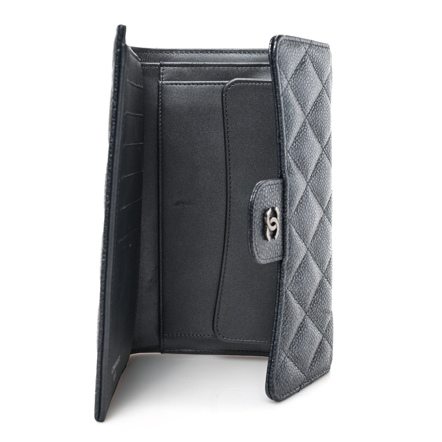 Iridescent Caviar Quilted Large Gusset Flap Wallet Black