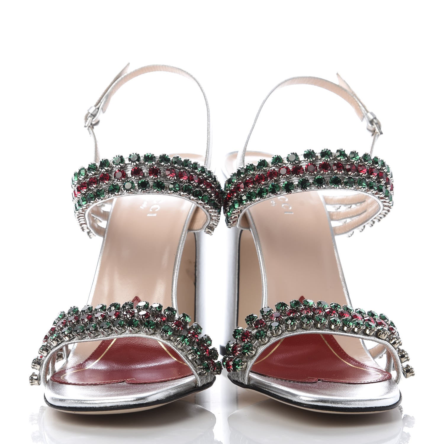 Gucci Nappa Silk Crystal Bertie High Heel Sandals 38.5 Argento 2 of 9