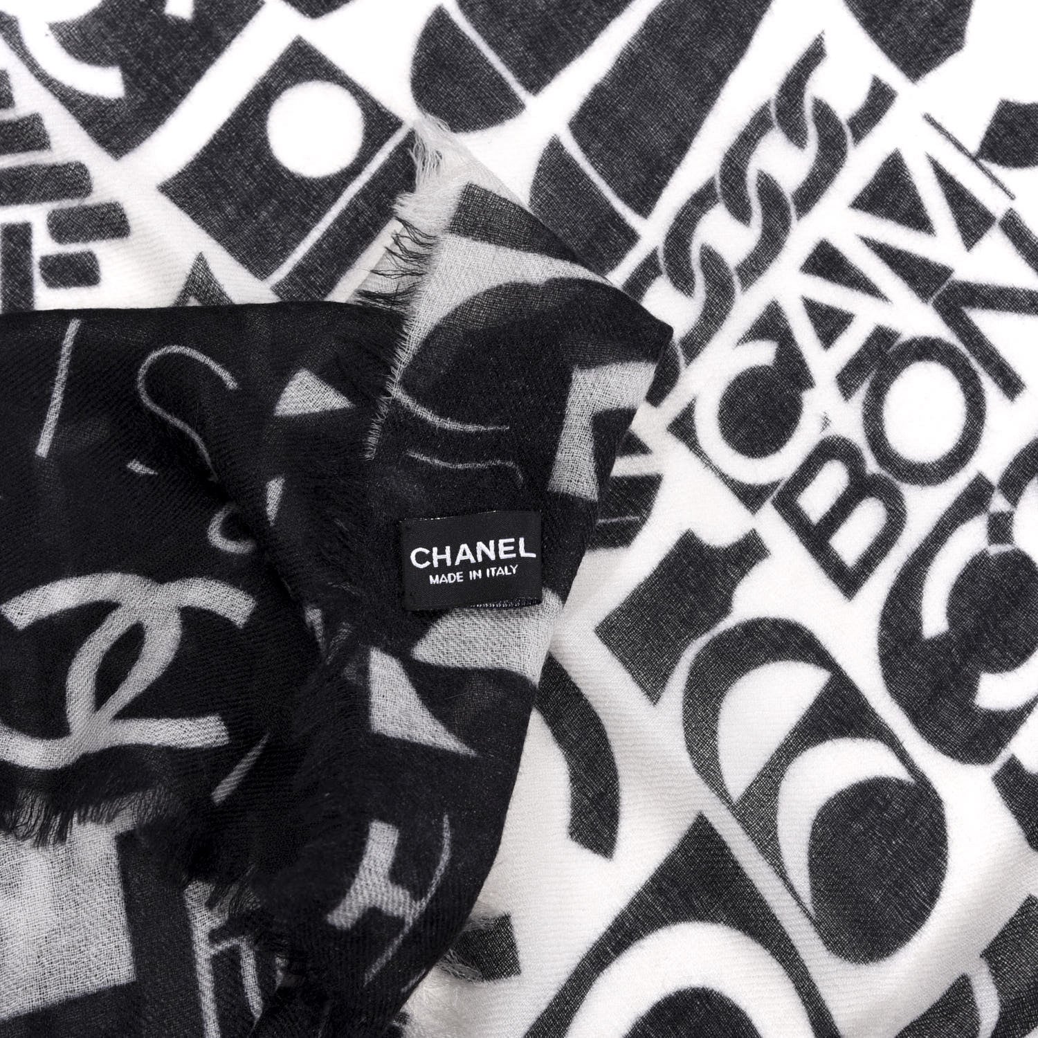 Chanel Cashmere Silk Scarf Shawl Black White 4 of 4