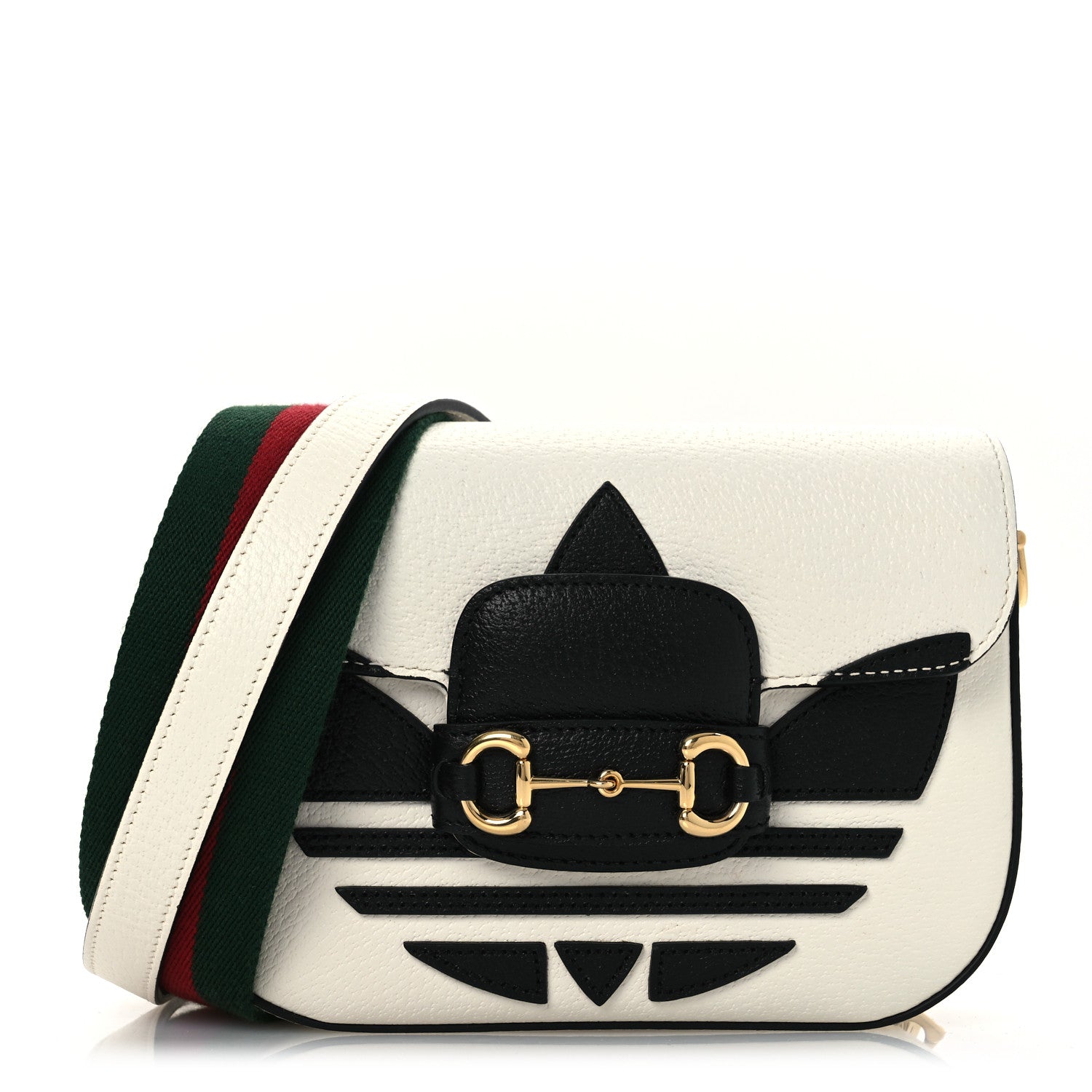 Gucci X ADIDAS Textured Dollar Calfskin Web Trefoil Mini Horsebit 1955 Shoulder Bag Off White Black Off White Black 1 of 10