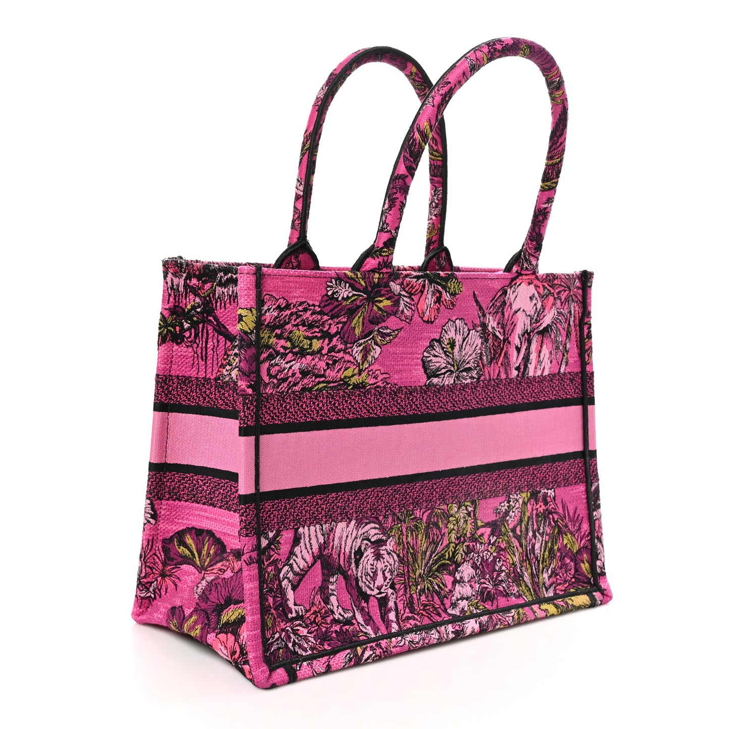 Canvas Embroidered Medium Toile de Jouy Voyage Book Tote Fuchsia Multicolor