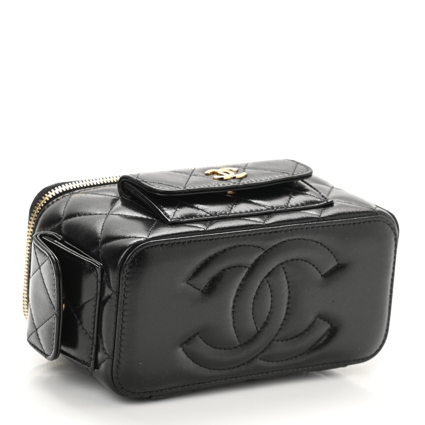 Lambskin Quilted Polly Pocket East West Top Vanity With Chain Black