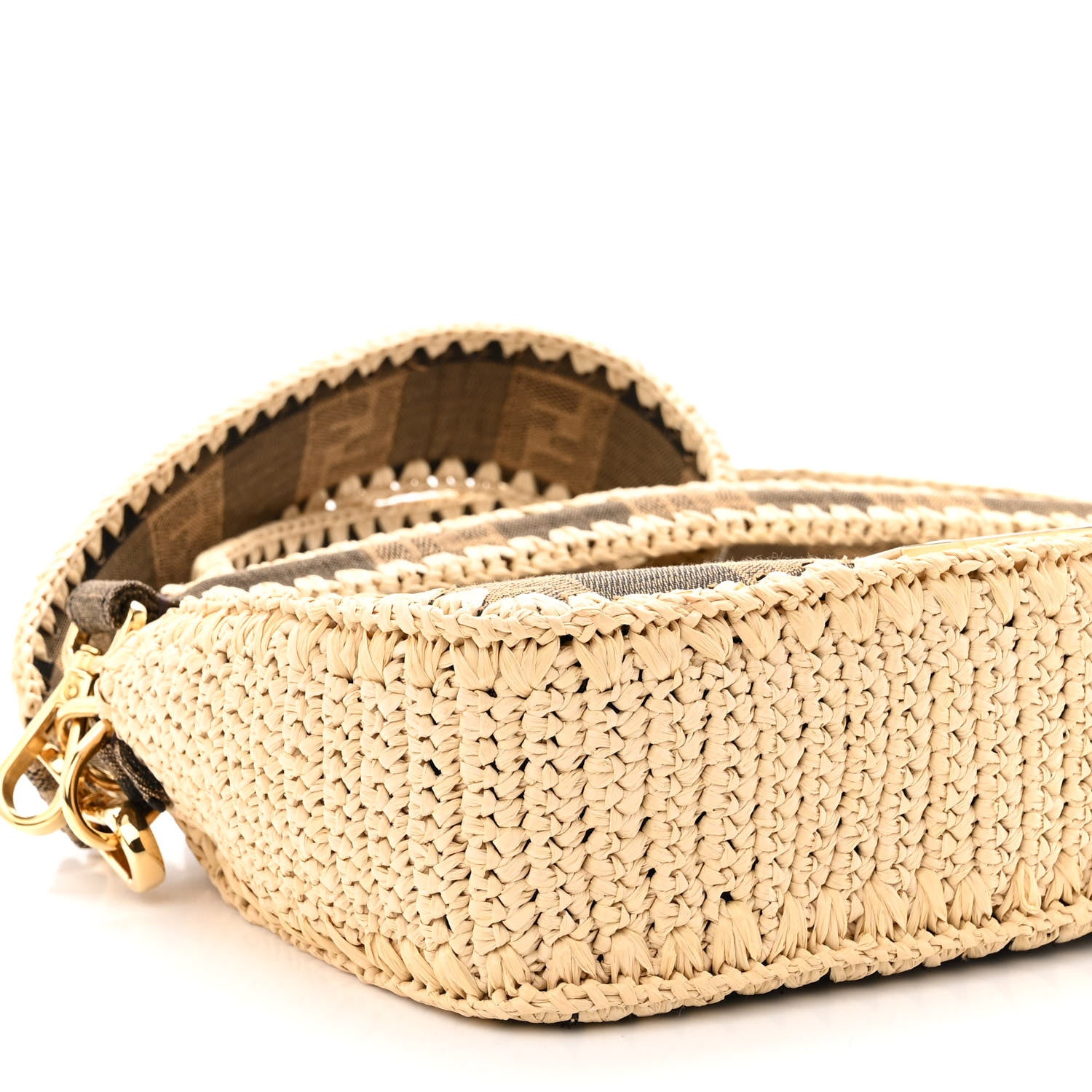 Fendi Fabric Jacquard Raffia Straw Pequin Gingham Woven Baguette Beige Black Natural 8 of 9