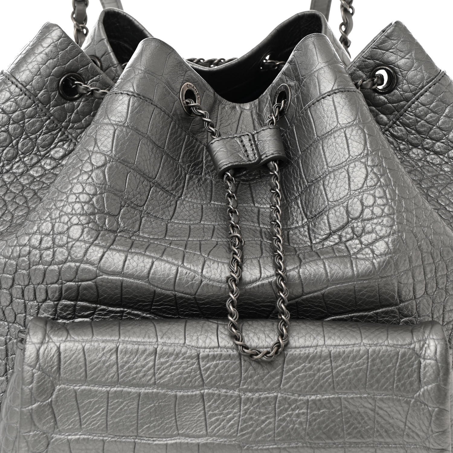 Chanel Metallic Calfskin Crocodile Embossed Large Backpack Silver 8 of 10
