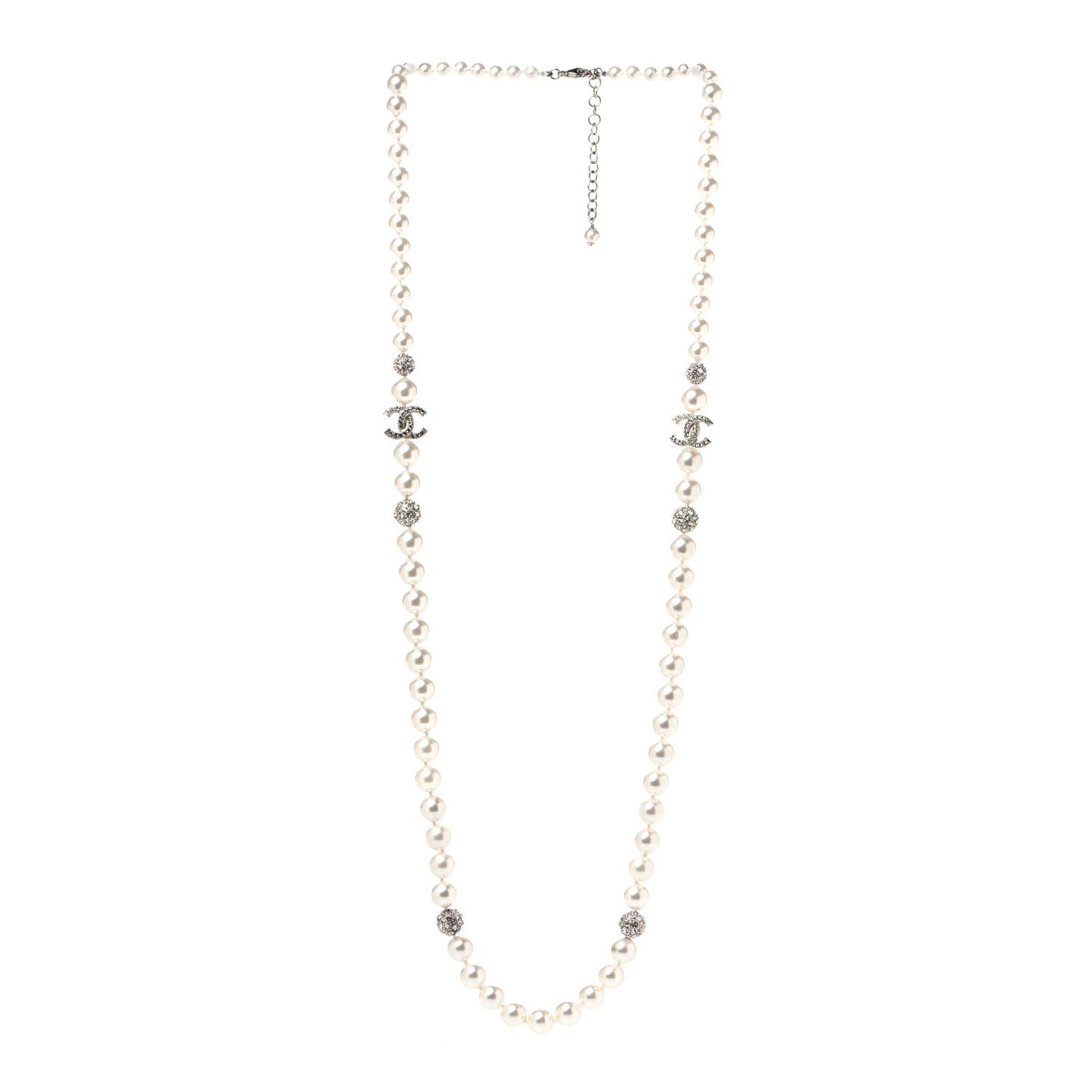 Pearl Crystal Long CC Necklace Gold