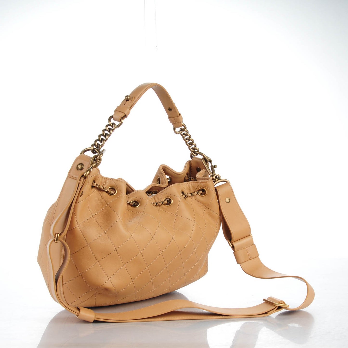 Calfskin Stitched Medium Drawstring CC Bag Beige