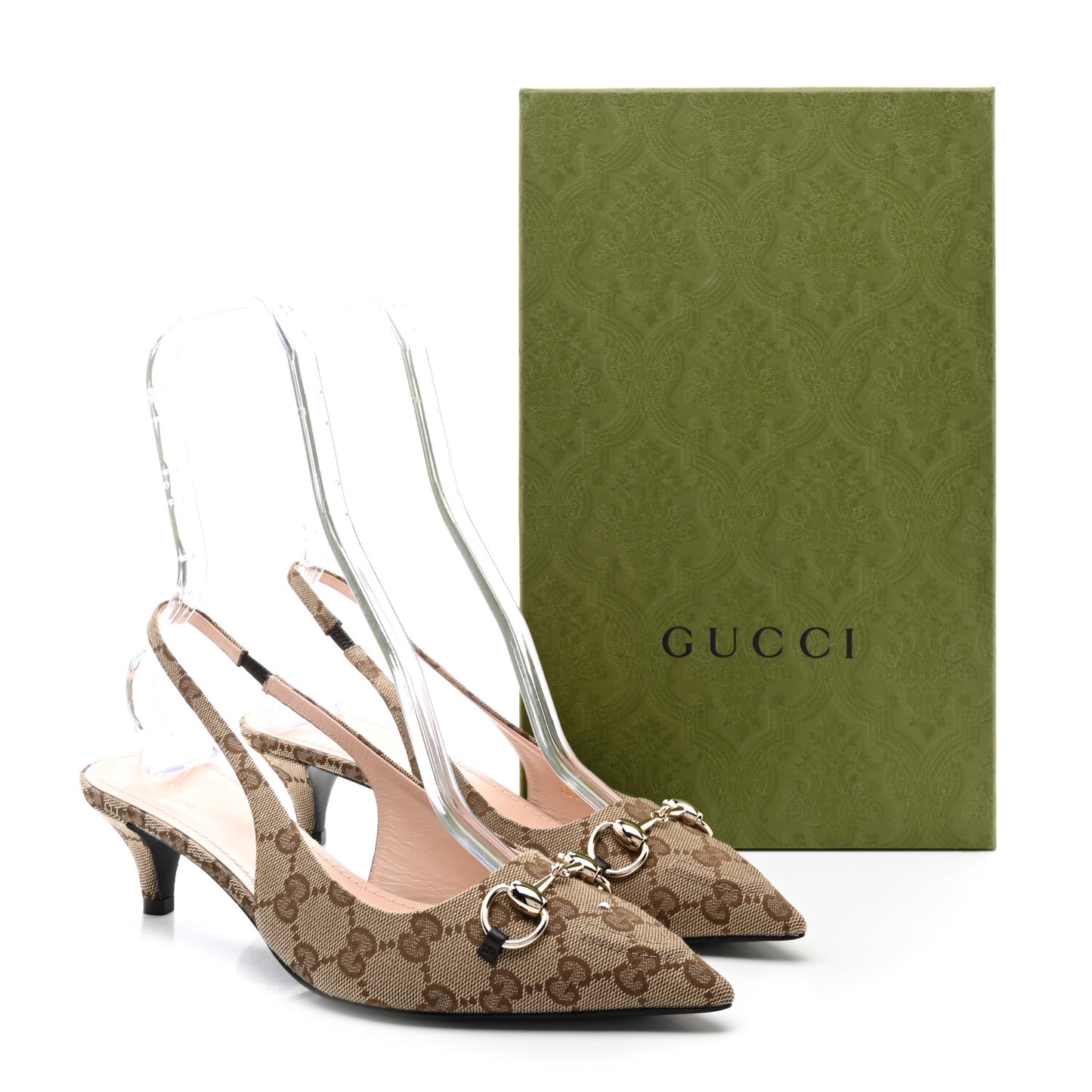 Monogram Horsebit 35mm Slingback Pumps 38.5 Beige Ebony Cocoa