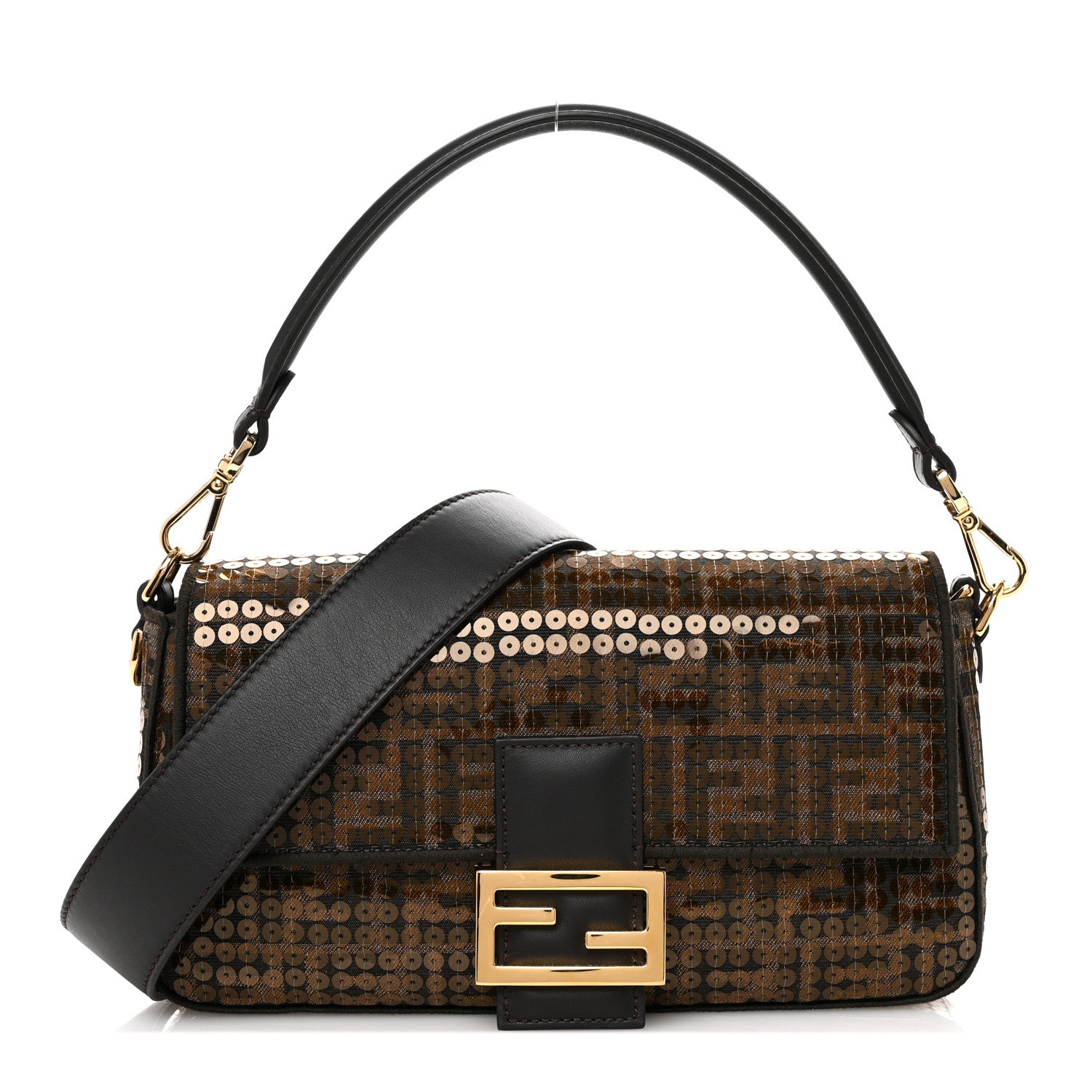 Fendi Fabric Jacquard Paillettes Vitello Seta FF 1974 Baguette Testa di Moro Real Ebano 1 of 12