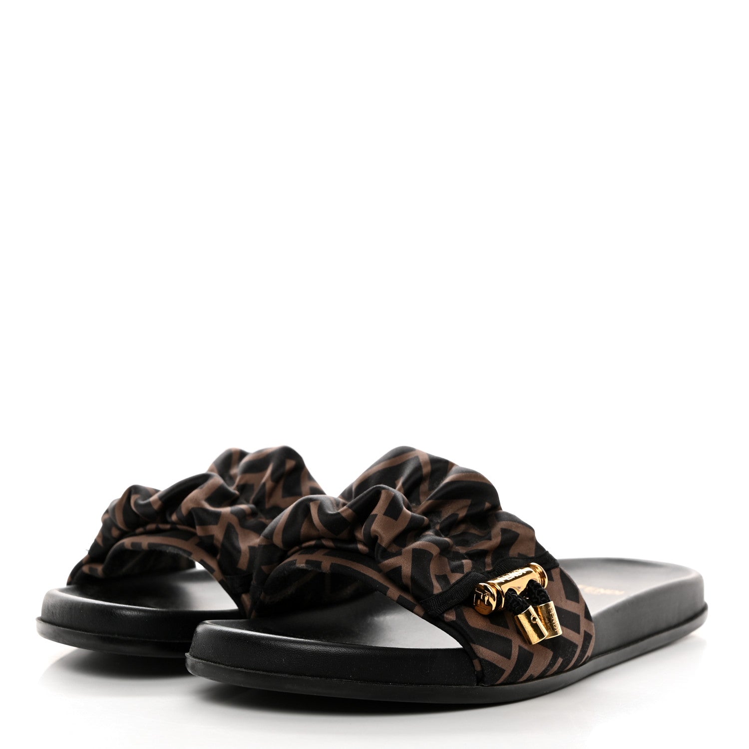 Fendi Satin FF Fendi Feel Slide Sandals 39.5 Tobacco Black 3 of 8