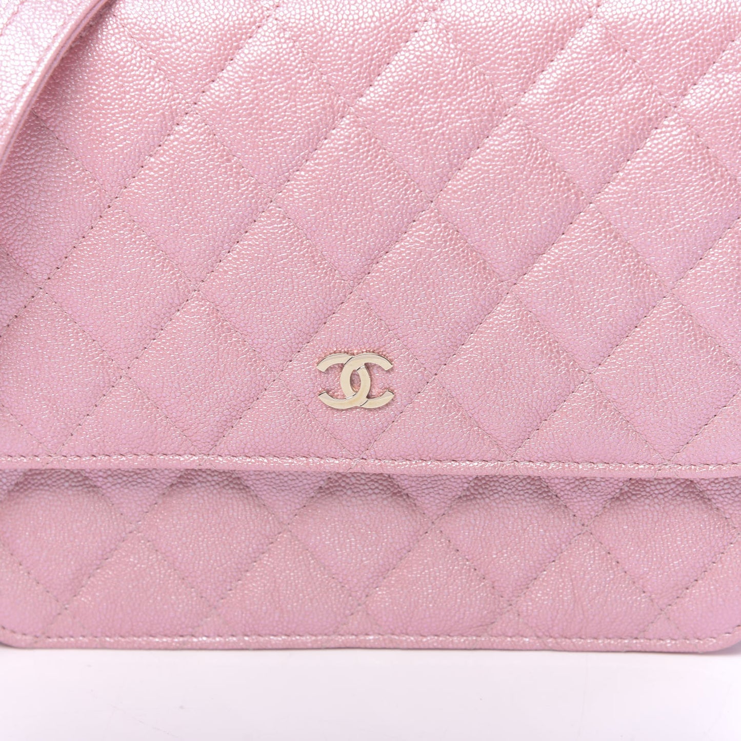 Iridescent Caviar Quilted Square Wallet On Chain WOC Rose Pink