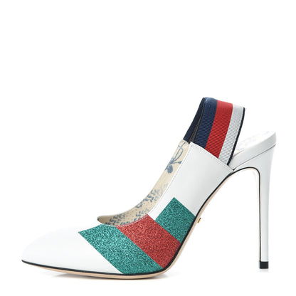 Gucci Calfskin Glitter Web High Heel Slingback Pumps 38 White 1 of 9