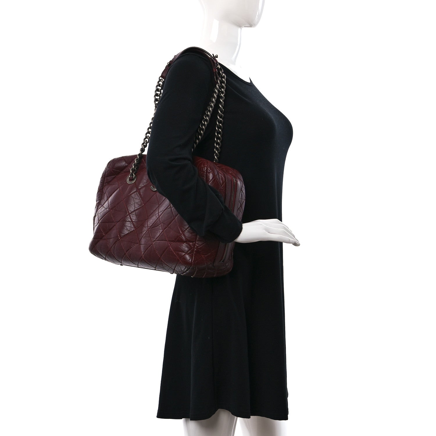 Chanel Aged Calfskin Quilted Large Secret Tag Bowling Bag Burgundy 2 of 12