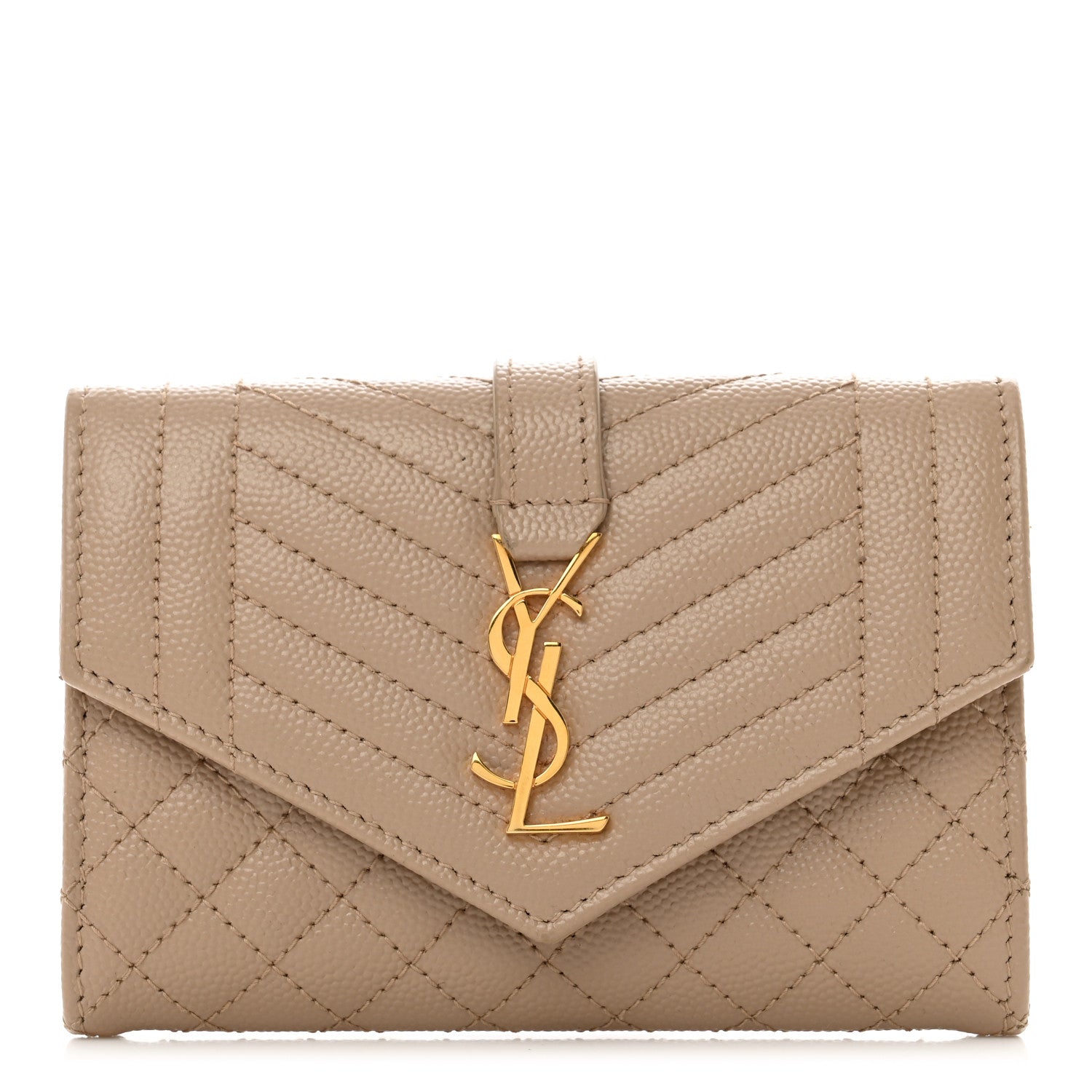 Saint Laurent Grain De Poudre Textured Mixed Matelasse Triquilt Small Monogram Envelope Wallet Dark Beige 1 of 8