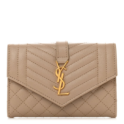 Saint Laurent Grain De Poudre Textured Mixed Matelasse Triquilt Small Monogram Envelope Wallet Dark Beige 1 of 8