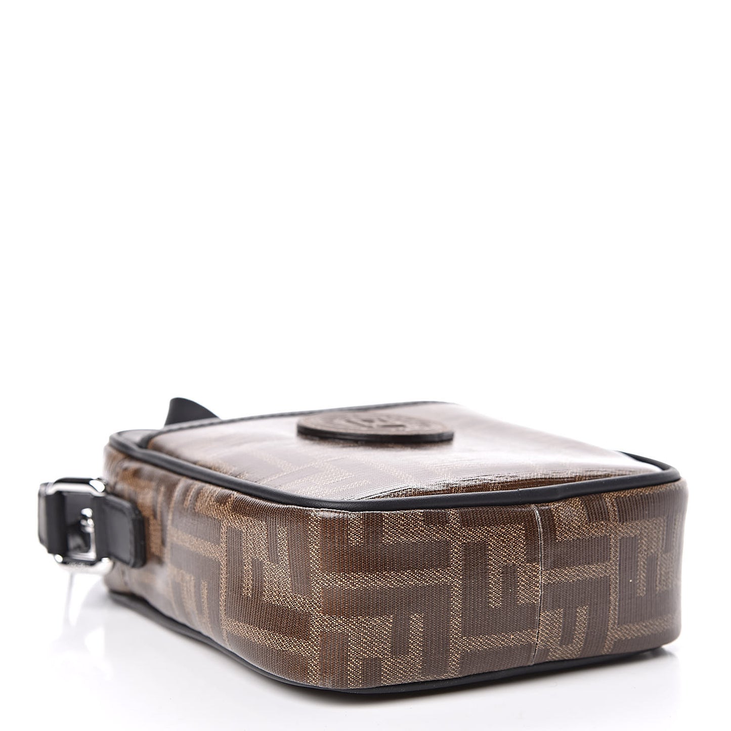Glazed Fabric Vitello Century FF 1974 Stamp Patch Small Crossbody Messenger Mogano Panna Black