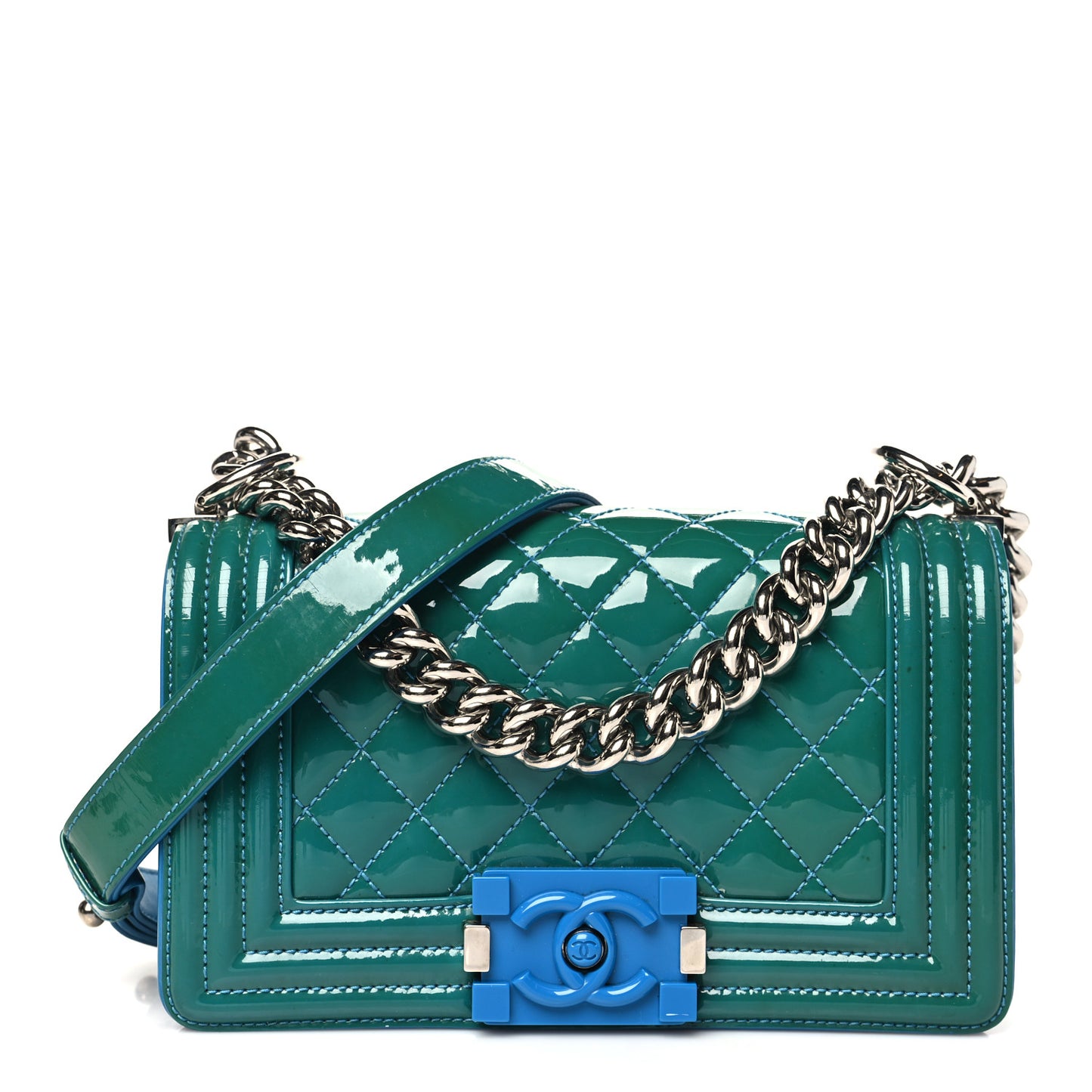 Patent Calfskin Quilted Small Plexiglass Boy Flap Blue