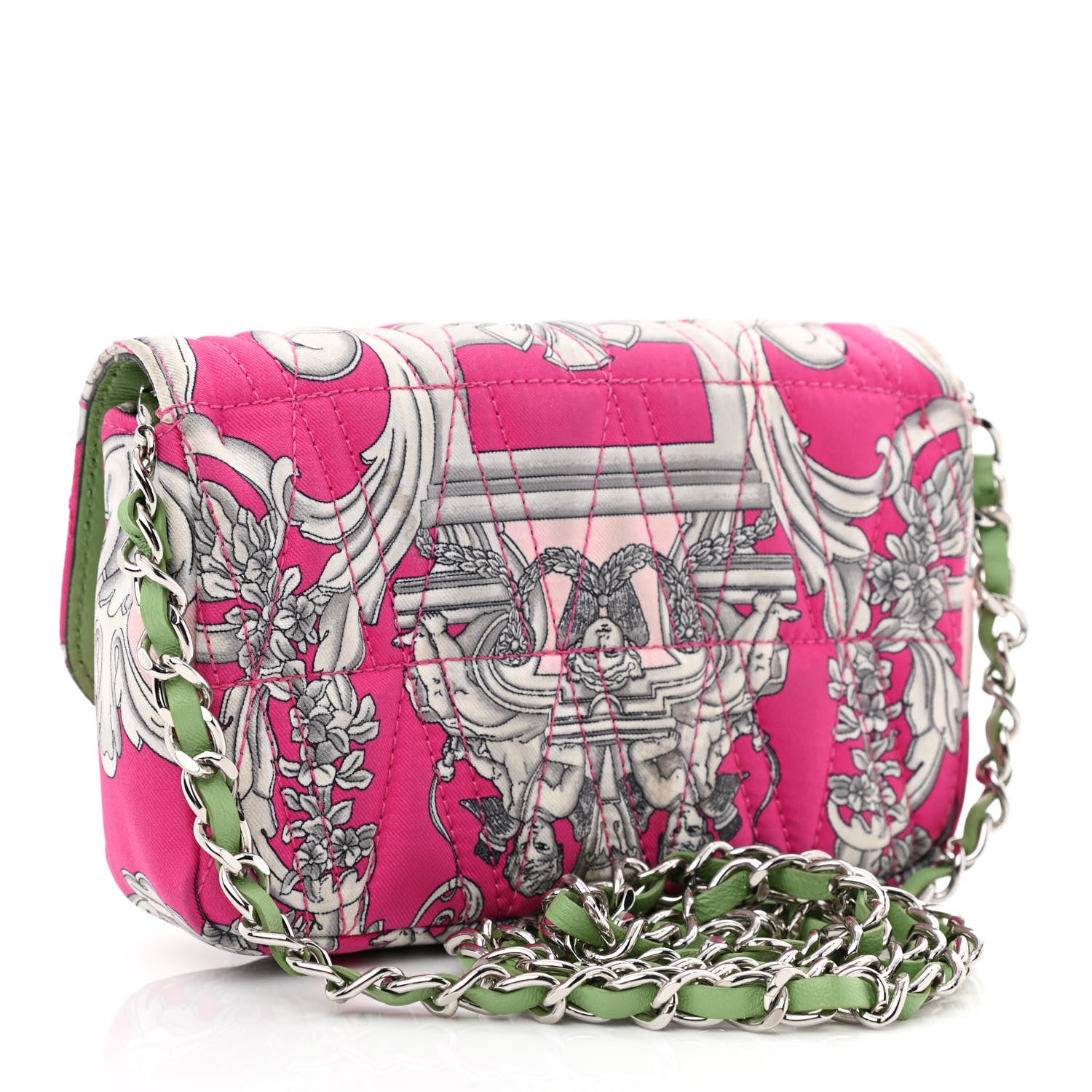 Versace Silk Barocco Printed Quilted Virtus Chain Flap Shoulder Bag Fuschia 3 of 11