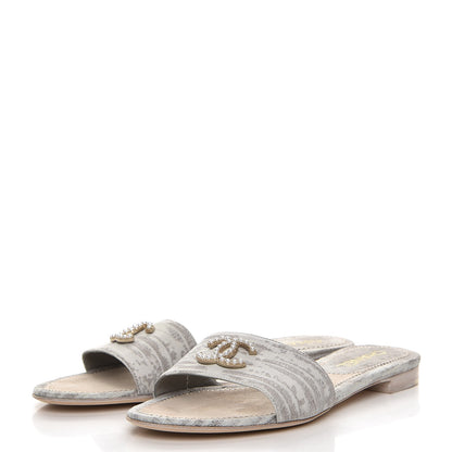 Chanel Lizard Pearl CC Sandals 37.5 Grey White 3 of 9