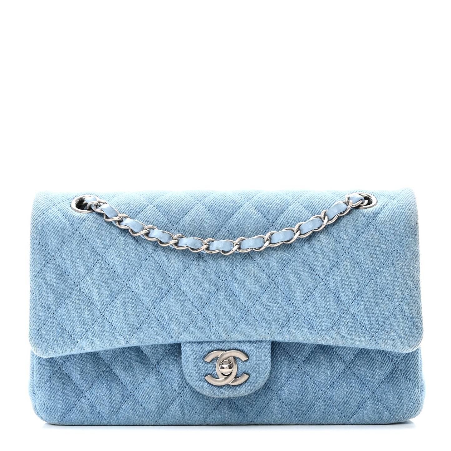 Denim Quilted Medium Double Flap Light Blue