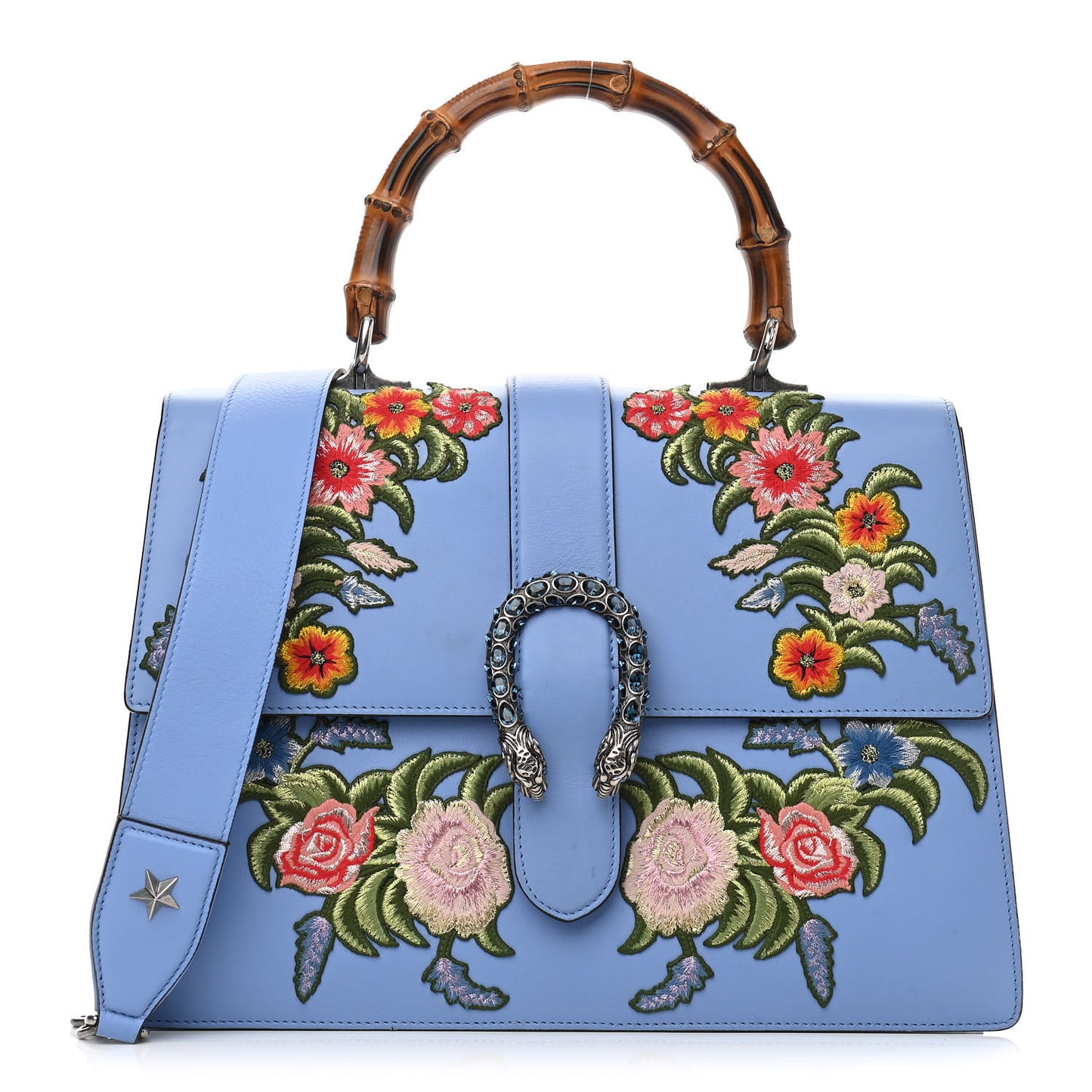 Moon Calfskin Crystal Web Embroidered Large Dionysus Bamboo Top Handle Bag Clear Sky Blue Multicolor