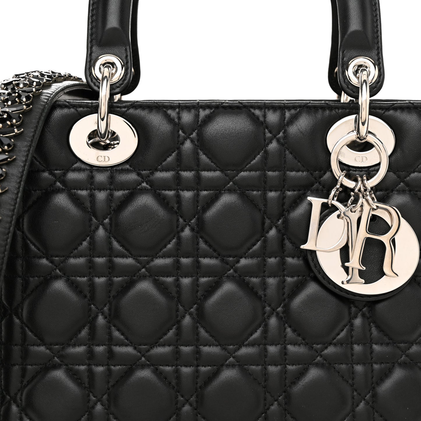 Lambskin Cannage Medium Lady Dior Crystal Strap Black