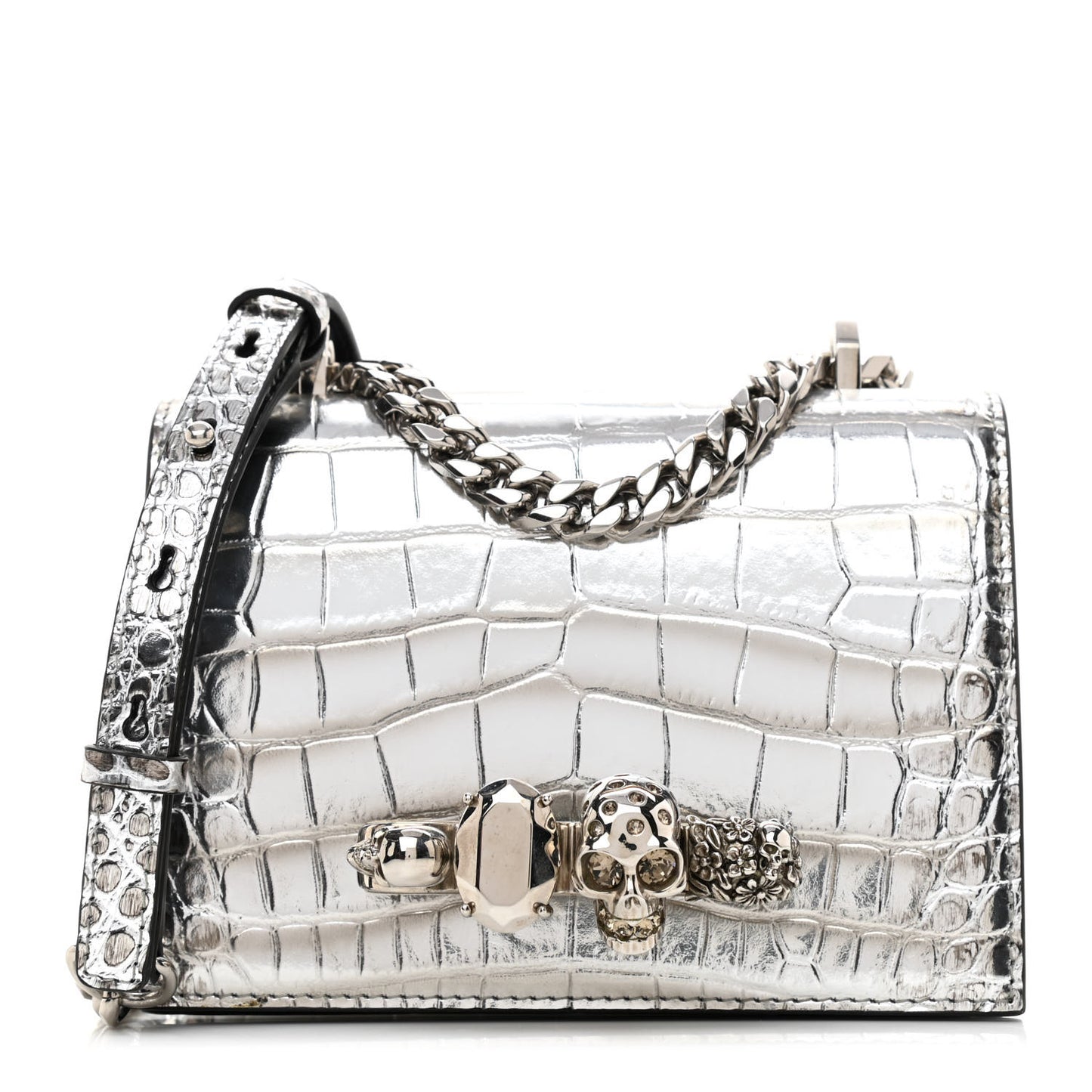 Metallic Crocodile Embossed Jeweled Satchel Silver