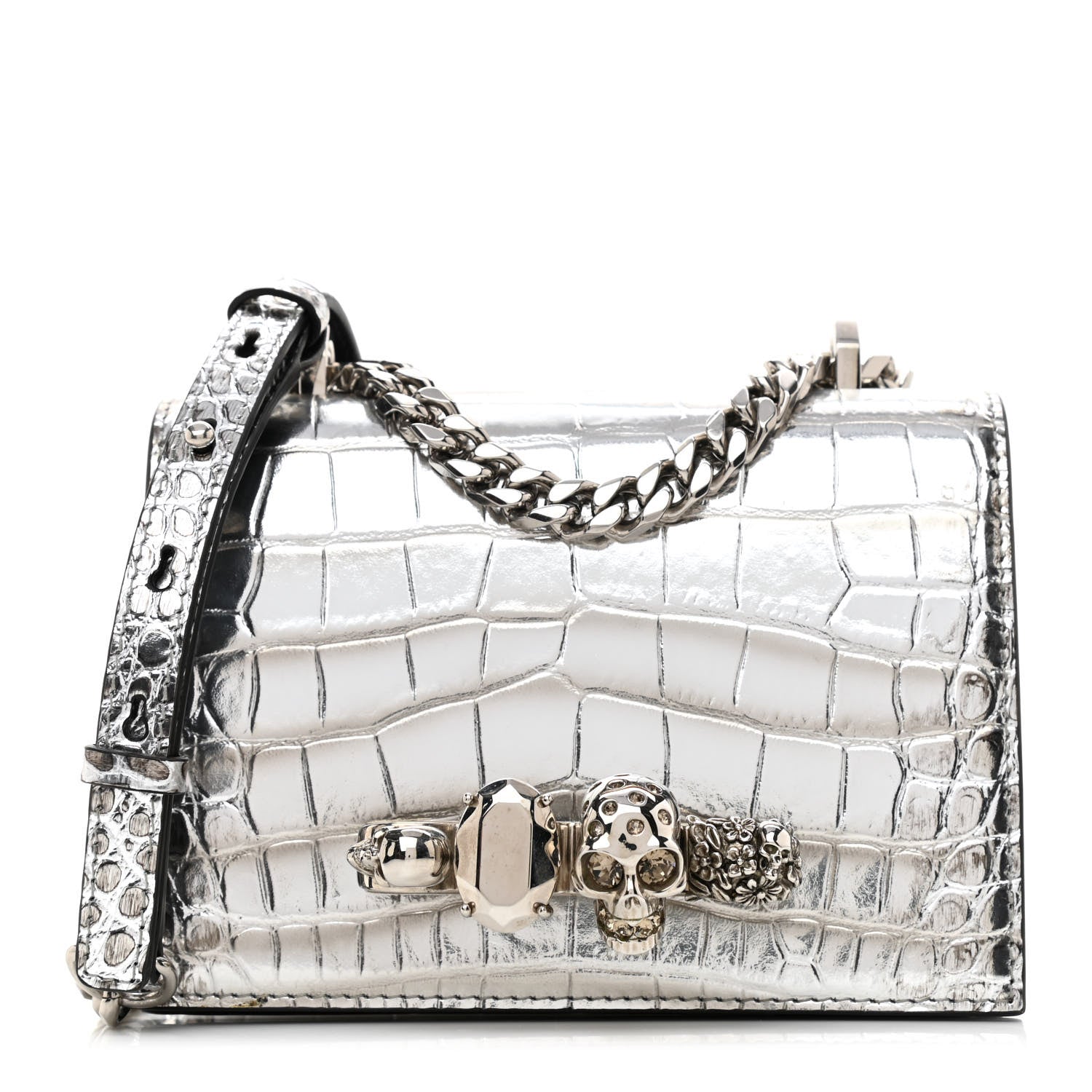 Alexander McQueen Metallic Crocodile Embossed Jeweled Satchel Silver 1 of 7