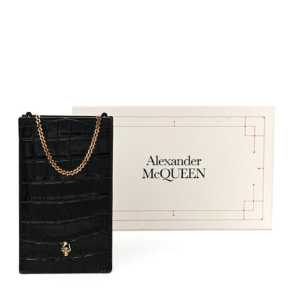 Alexander McQueen Calfskin Crocodile Embossed Skull Chain Phone Case Black 10 of 10