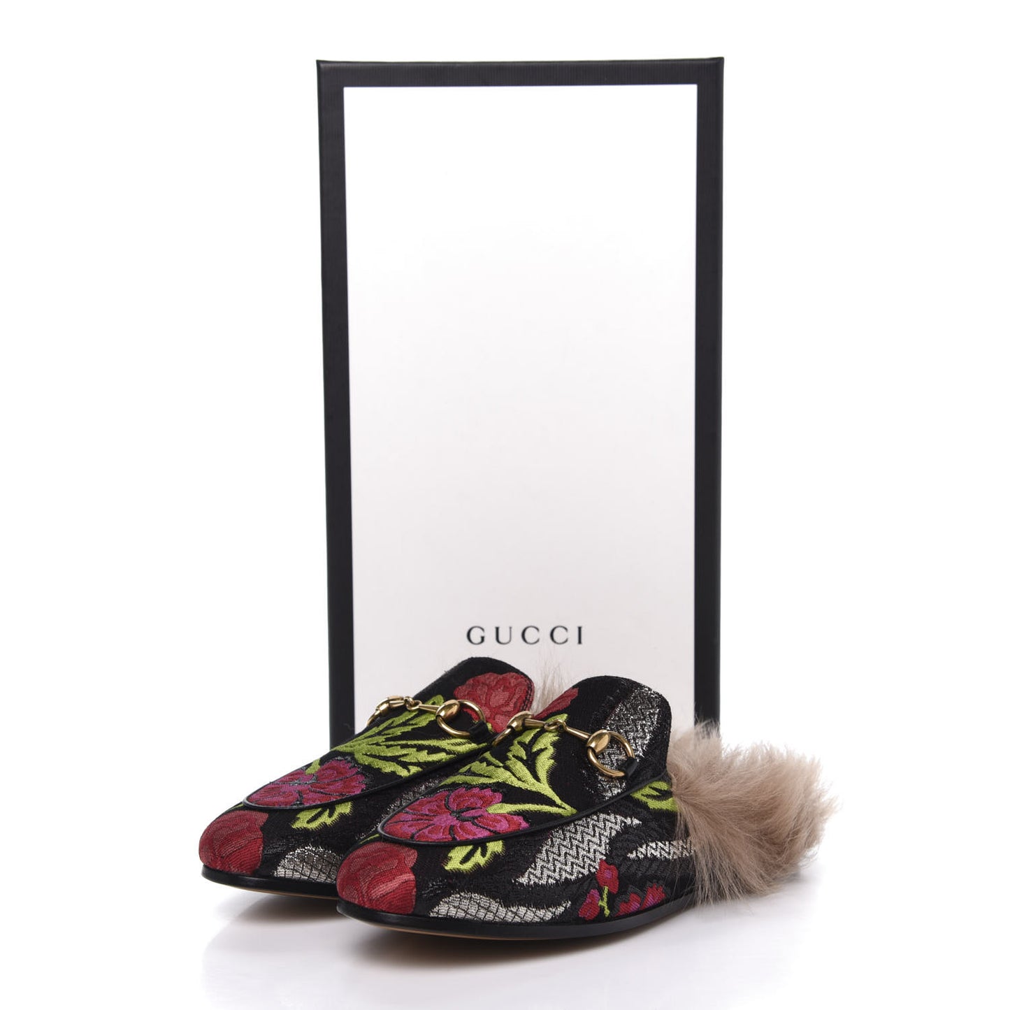 Brocade Fur Floral Womens Princetown Slippers 35 Black Anthracite