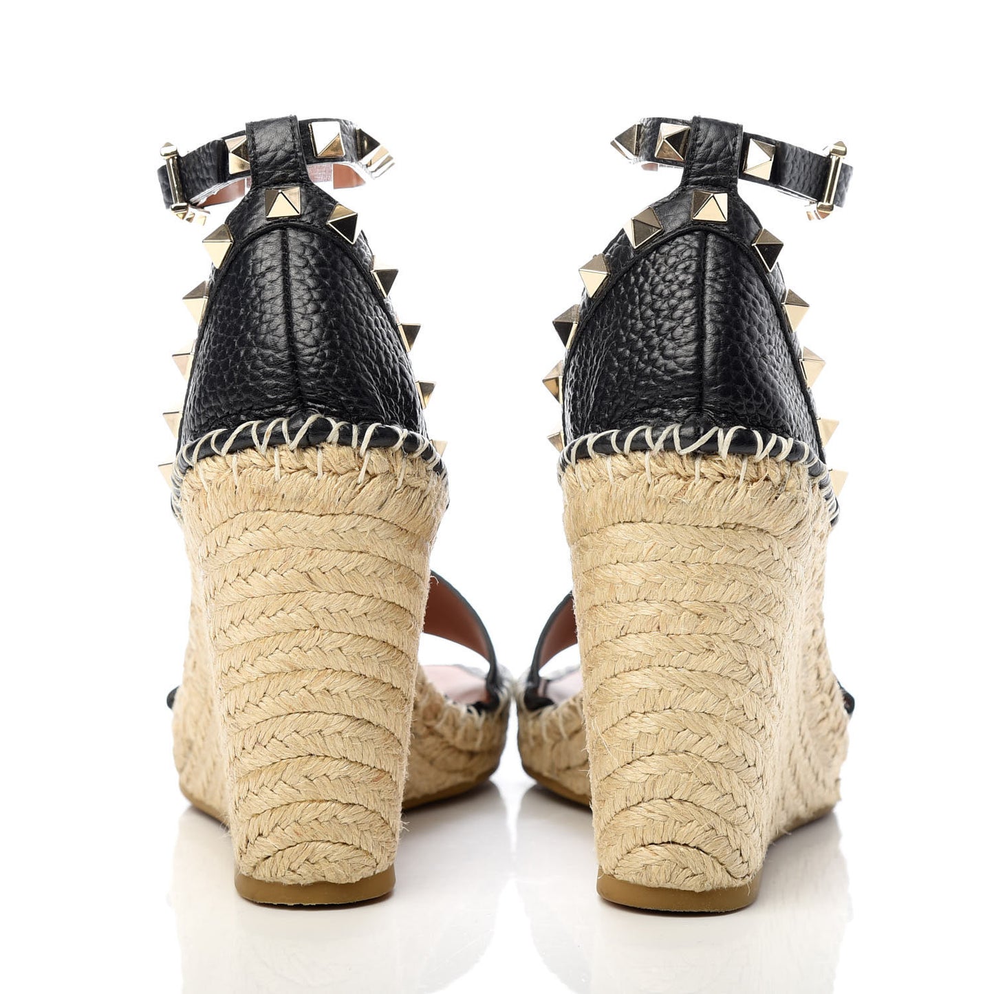 Grained Calfskin Rockstud Ankle Strap Espadrille 15/105mm Wedge Sandals 37 Black Light Cuir Natural