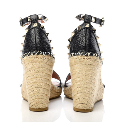 Valentino Garavani Grained Calfskin Rockstud Ankle Strap Espadrille 15/105mm Wedge Sandals 37 Black Light Cuir Natural 5 of 11