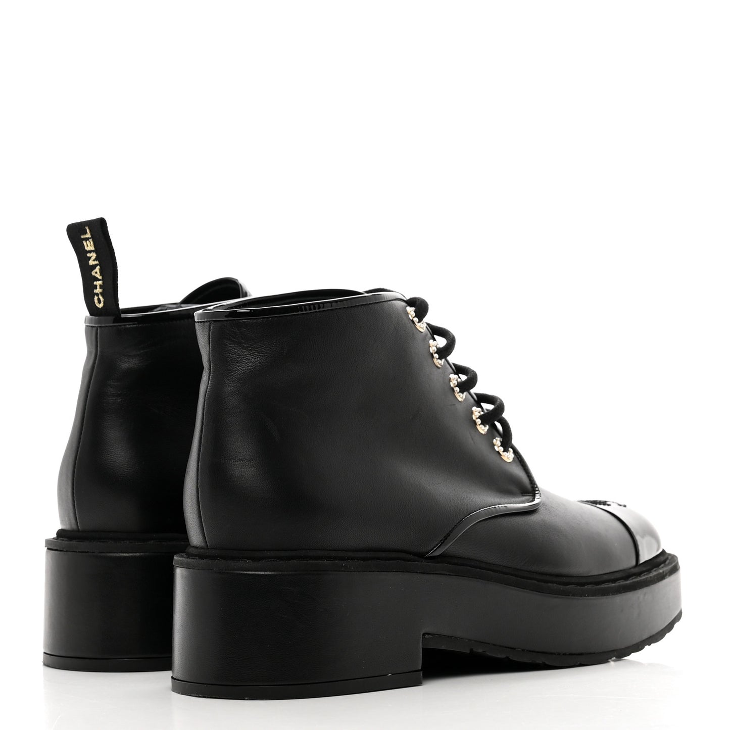 Shiny Calfskin Pearl Lace Up Combat Short Boots 41 Black