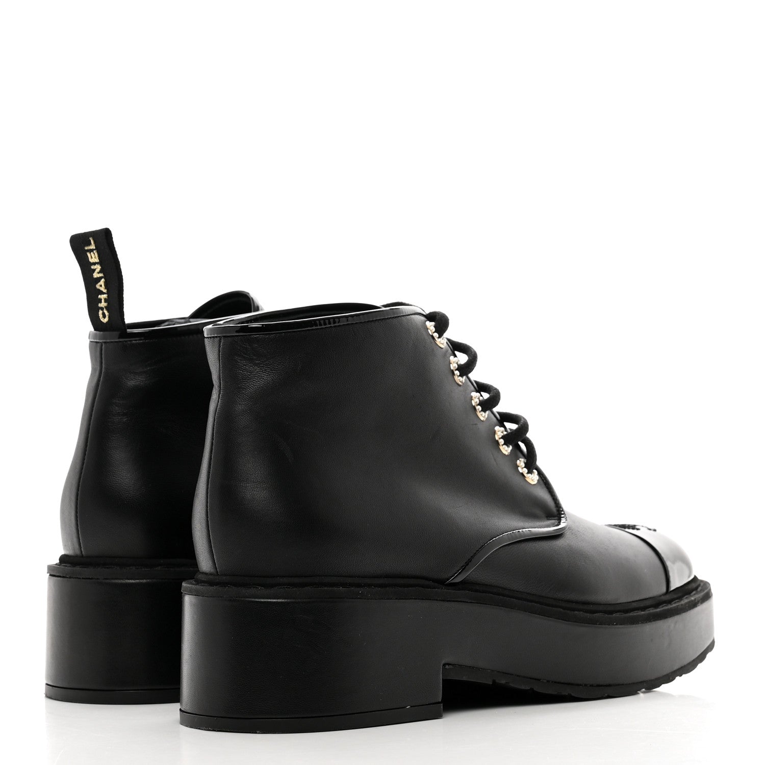 Chanel Shiny Calfskin Pearl Lace Up Combat Short Boots 41 Black 4 of 8