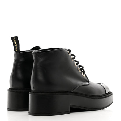 Chanel Shiny Calfskin Pearl Lace Up Combat Short Boots 41 Black 4 of 8