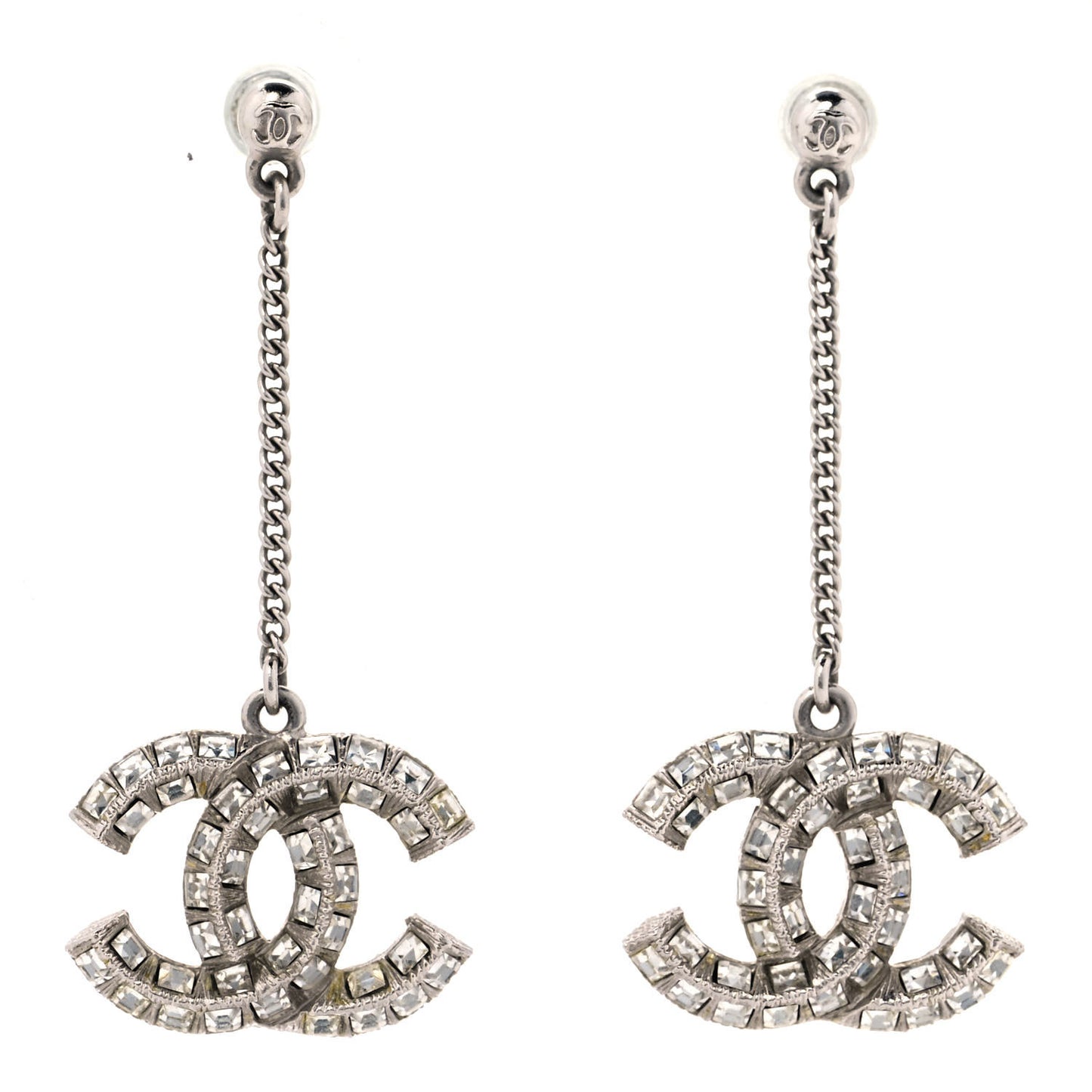 Baguette Crystal CC Drop Earrings Silver