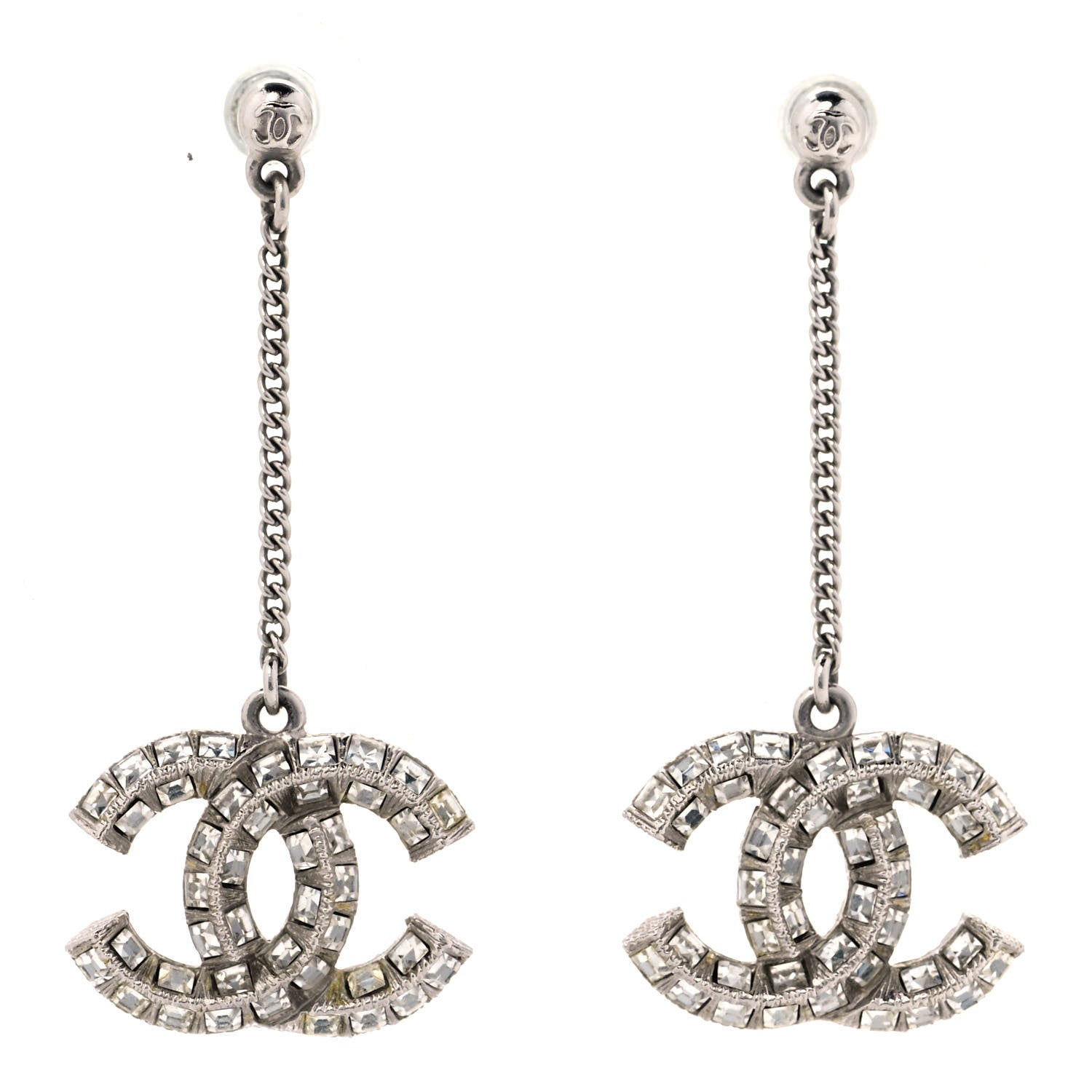 Chanel Baguette Crystal CC Drop Earrings Silver 1 of 4