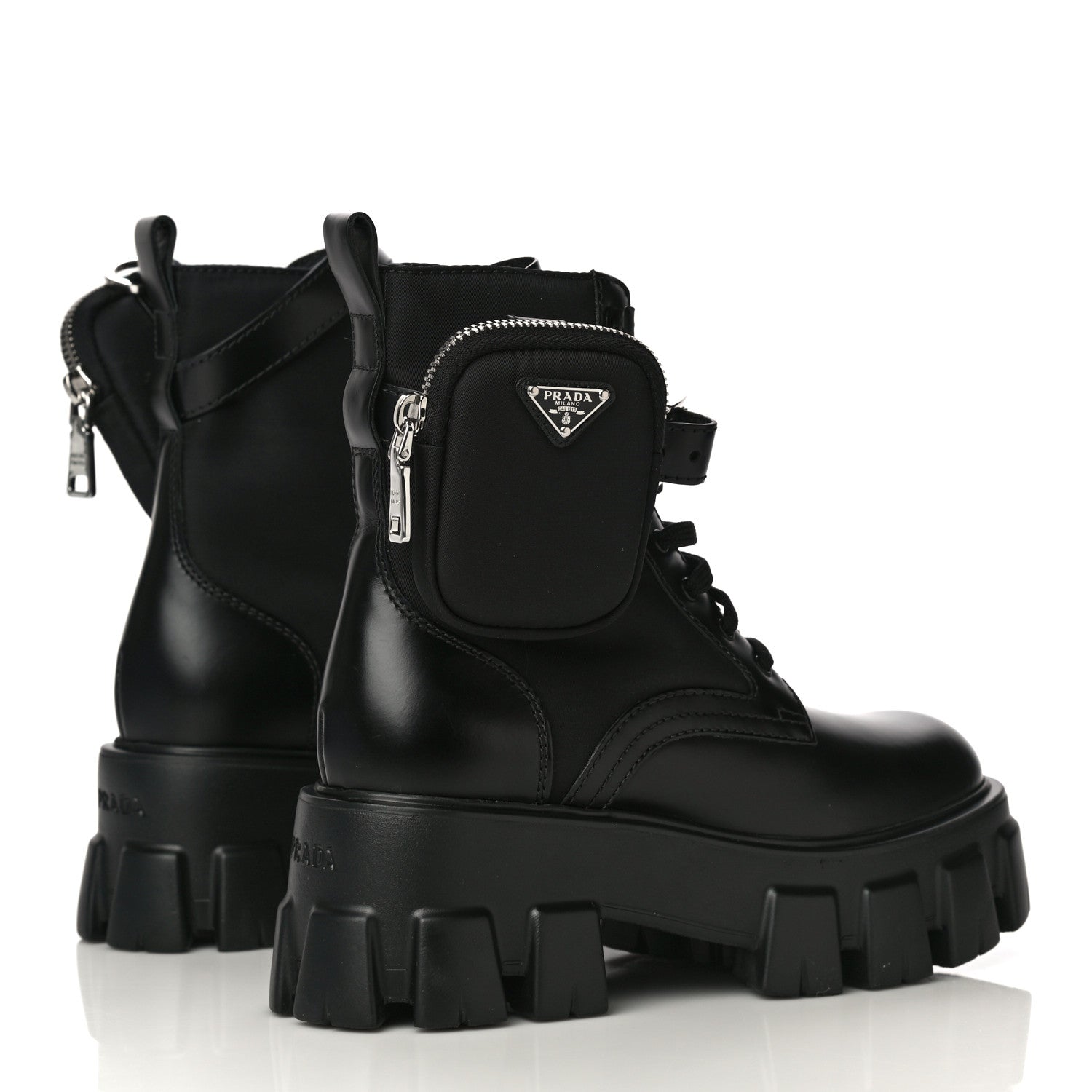 Prada Spazzolato Rois Re-Nylon Metal Triangle Logo Monolith Pouch Pocket 55mm Boots 35 Black 5 of 13