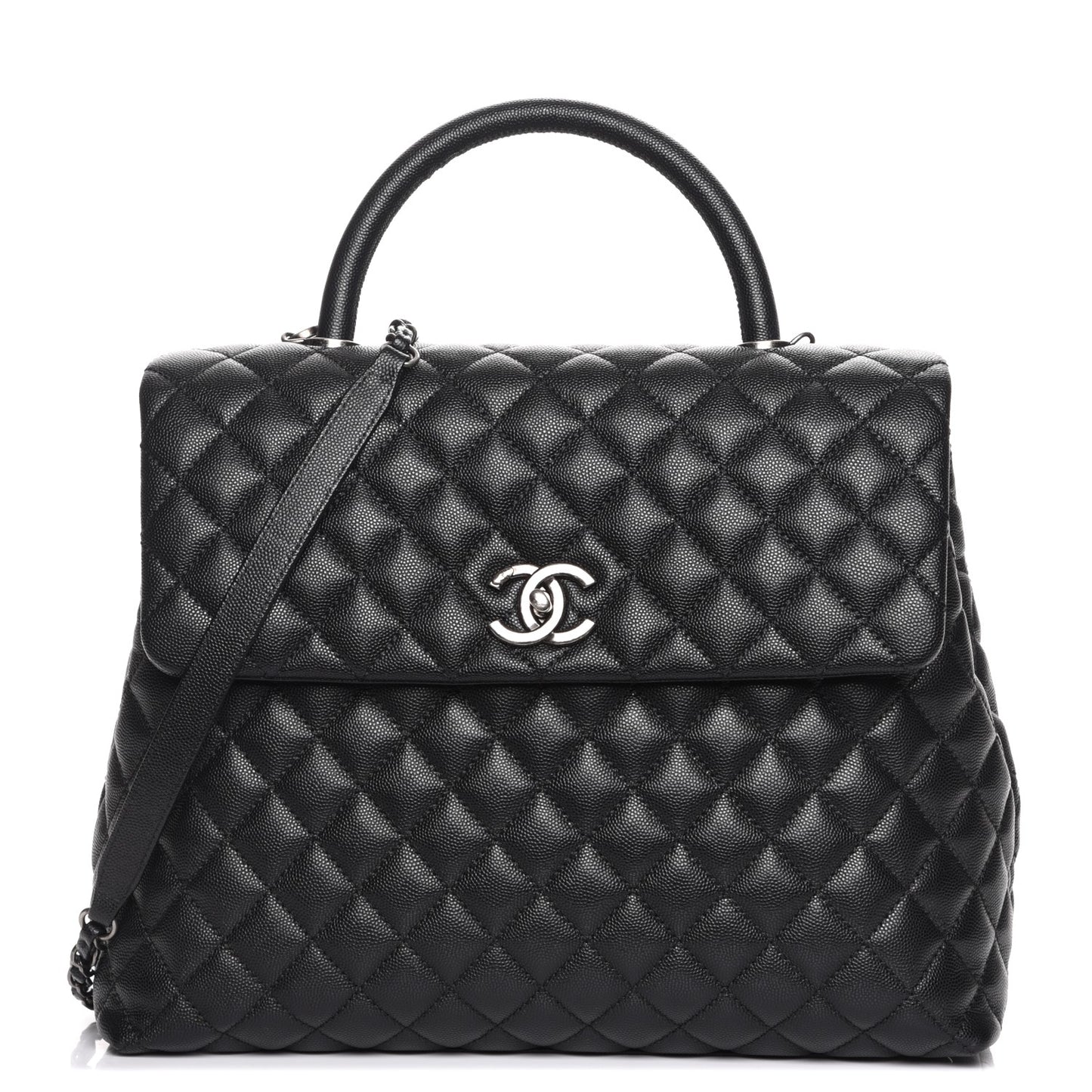Caviar Quilted Large Coco Handle Flap Black