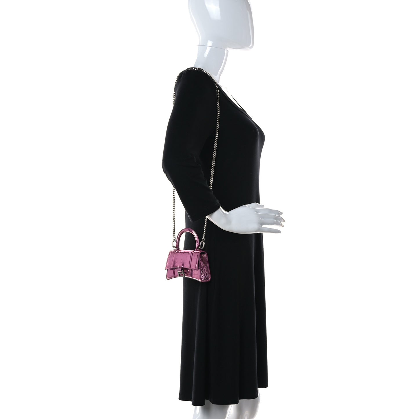 Metallic Calfskin Crocodile Embossed Hourglass Top Handle Bag Mini with Chain Pink