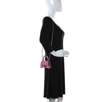 Balenciaga Metallic Calfskin Crocodile Embossed Hourglass Top Handle Bag Mini with Chain Pink 2 of 9