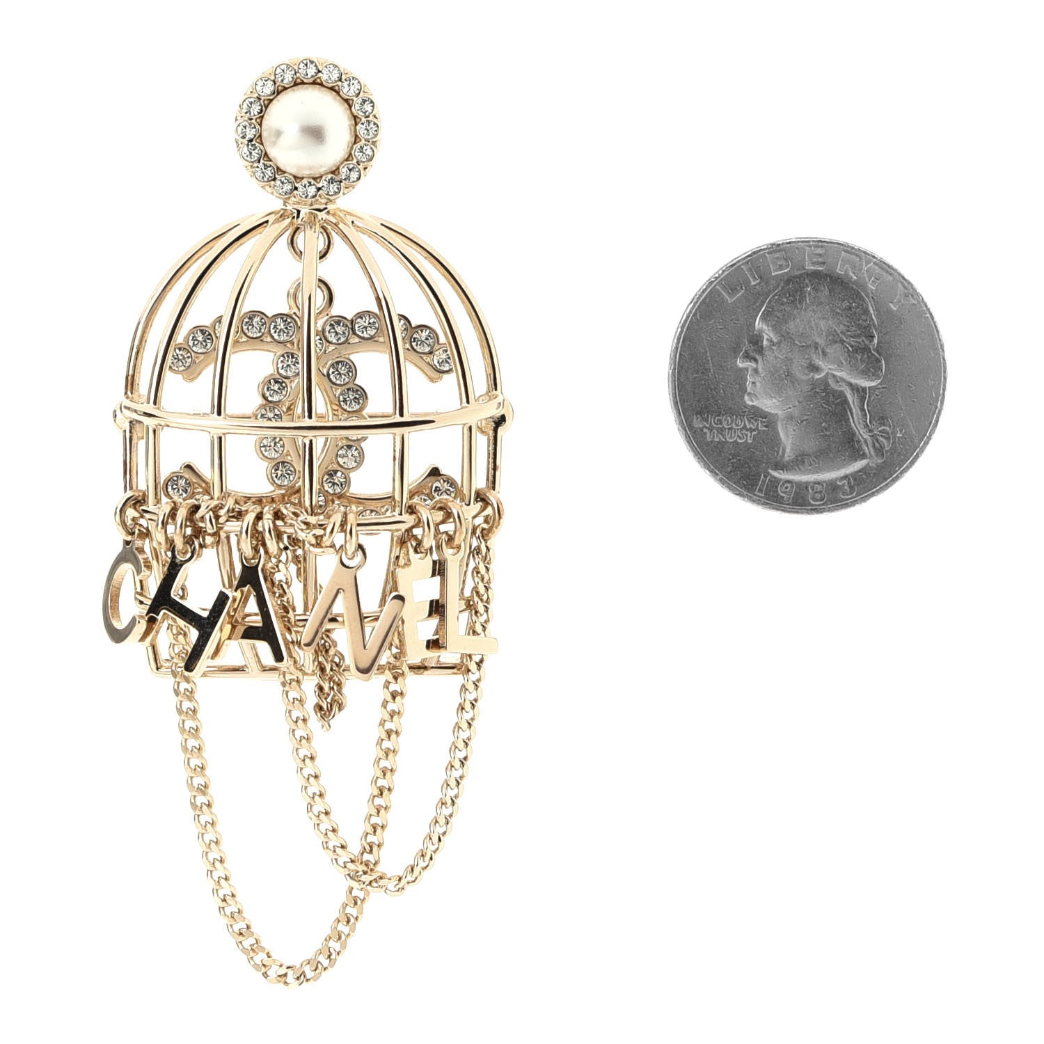 Chanel Pearl Crystal Birdcage Pin Brooch Light Gold 3 of 3