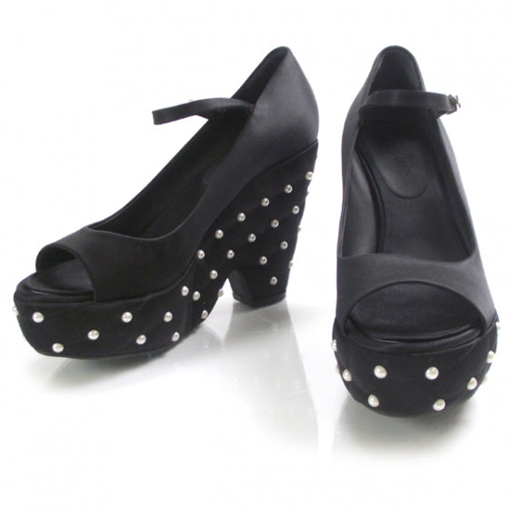 Satin Quilted Pearl Platform Heels 39 Black