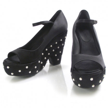 Chanel Satin Quilted Pearl Platform Heels 39 Black 1 of 7