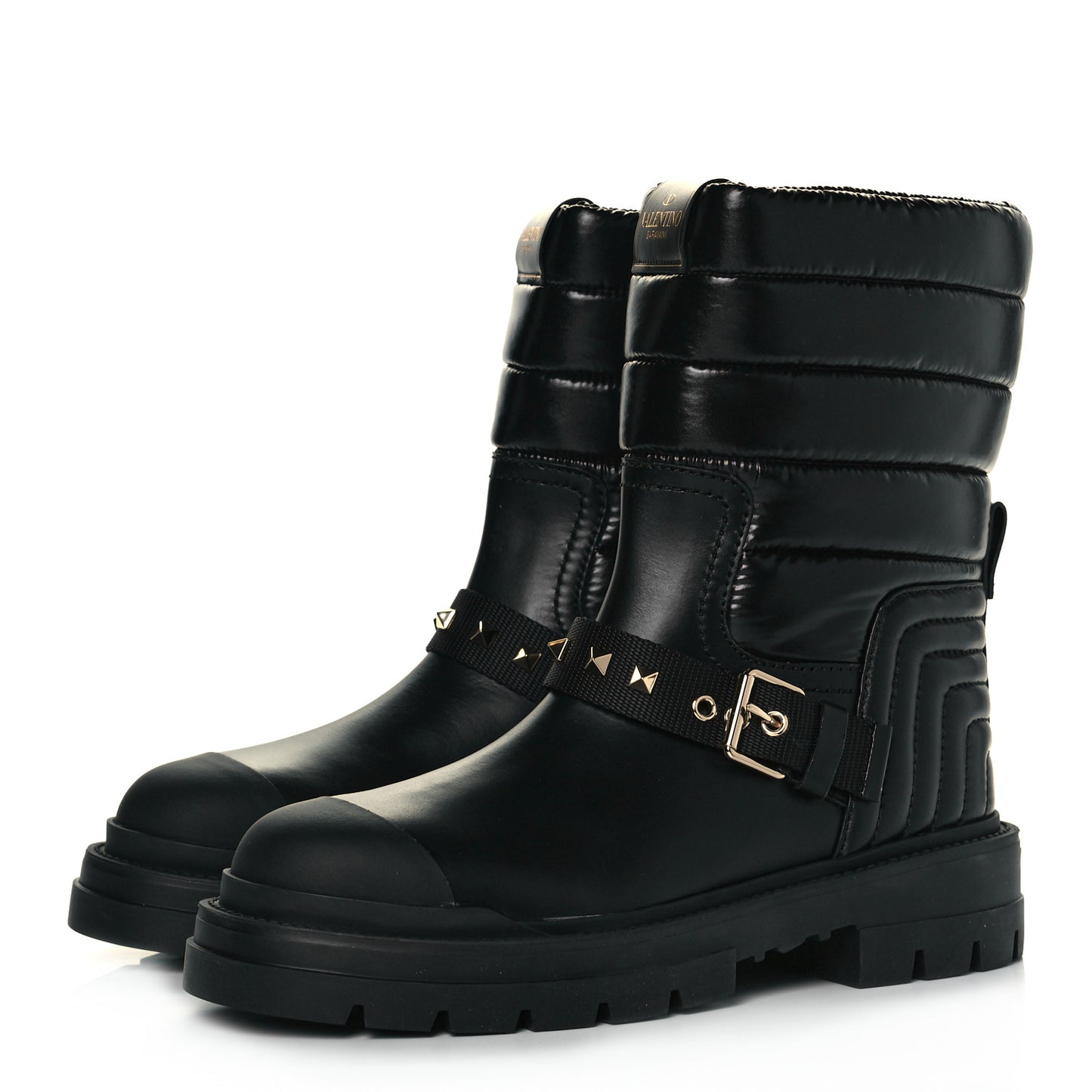 Calfskin Nylon Quilted Waterproof Rockstud 40mm Biker Boots 39 Black