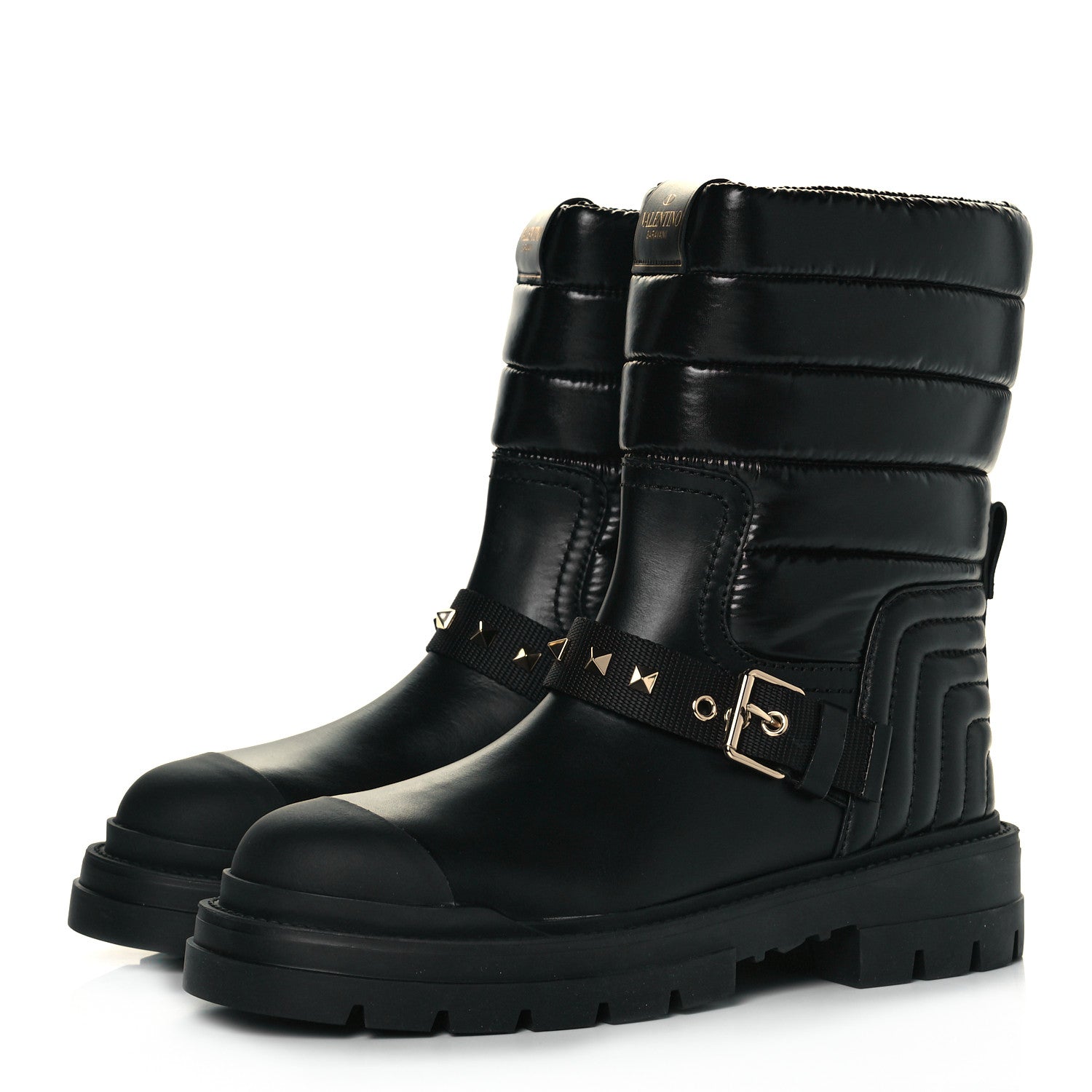Valentino Garavani Calfskin Nylon Quilted Waterproof Rockstud 40mm Biker Boots 39 Black 3 of 9