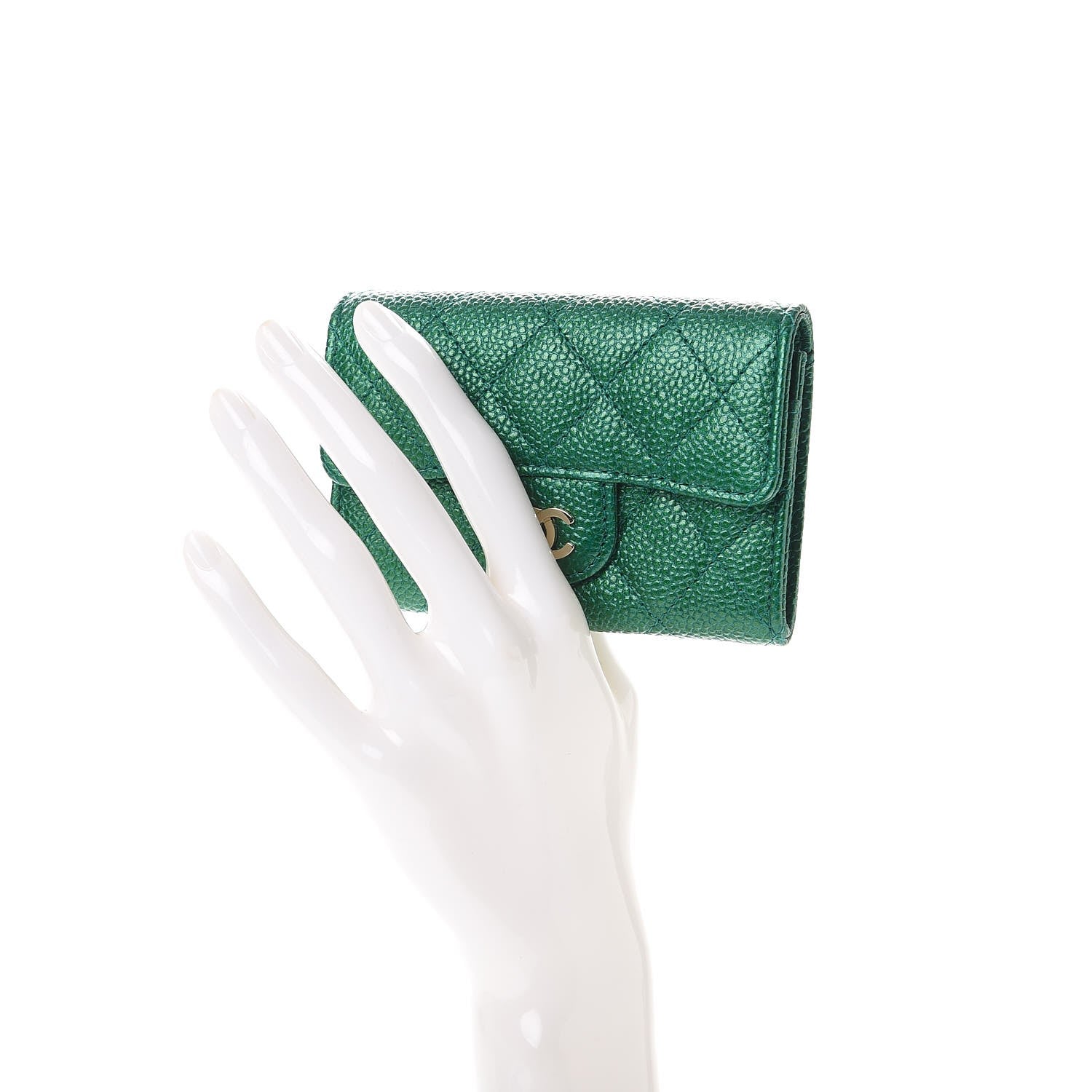 Chanel Metallic Caviar Quilted Card Holder Green 2 of 9
