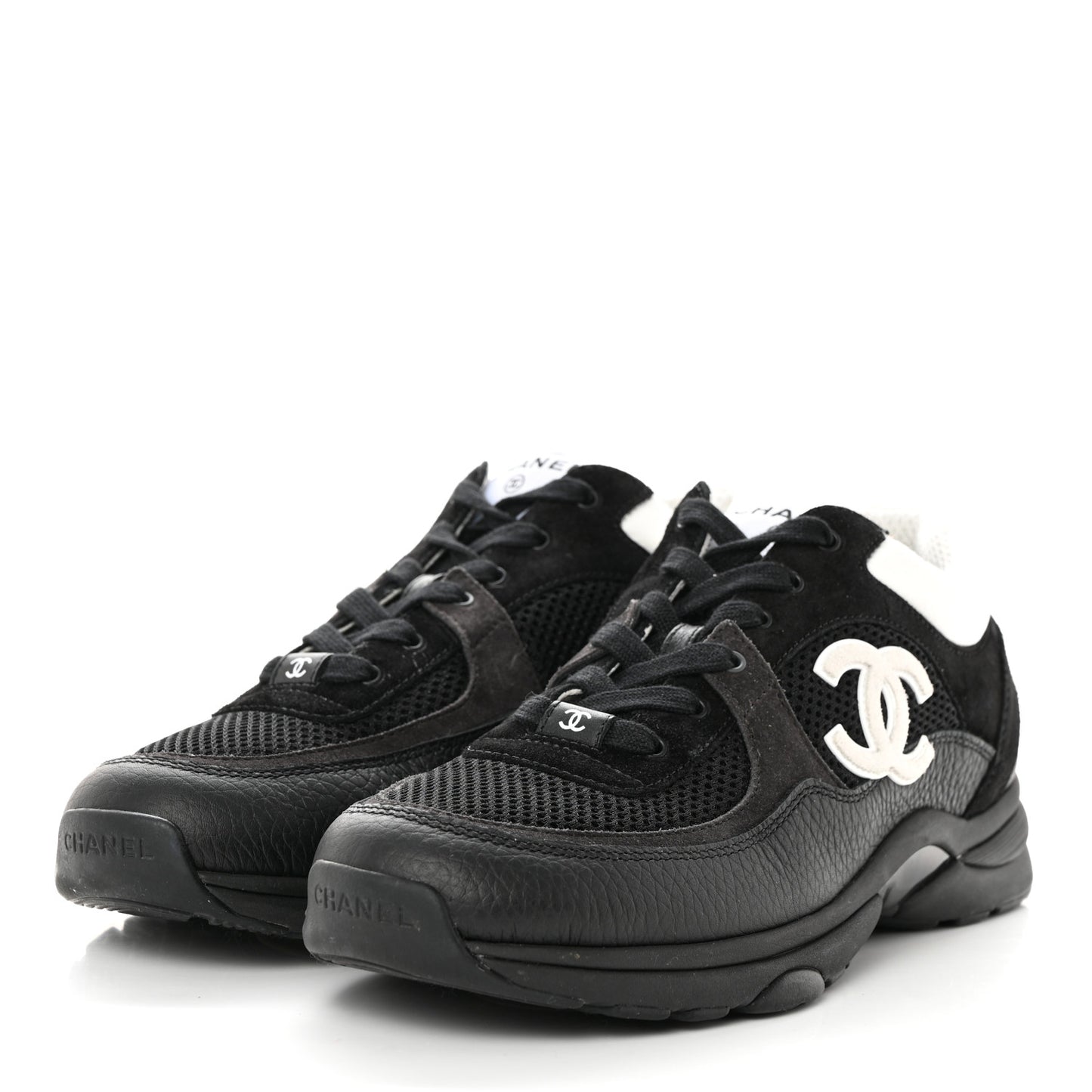 Mesh Suede Grained Calfskin Womens CC Sneakers 40.5 Black White