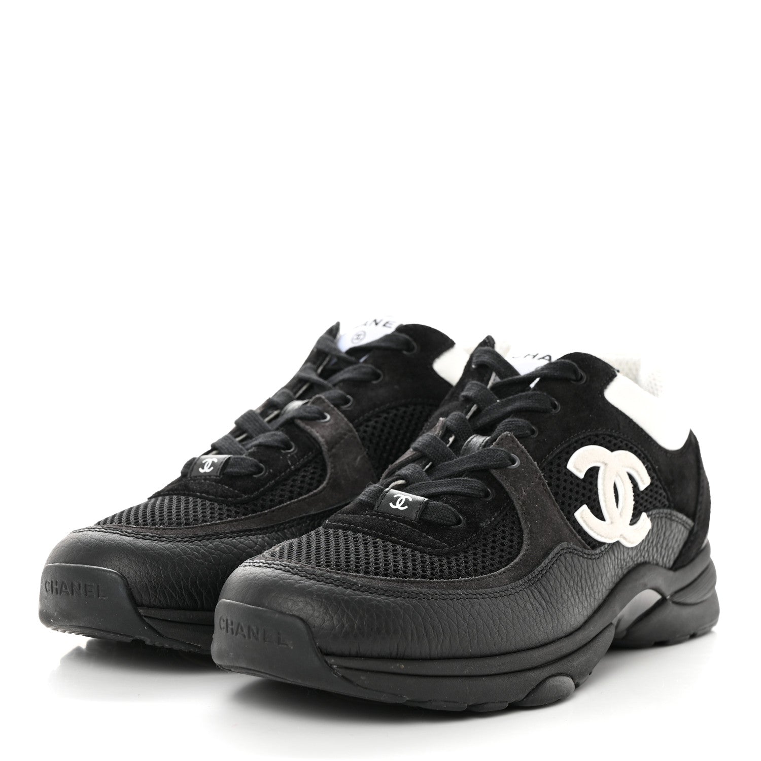 Chanel Mesh Suede Grained Calfskin Womens CC Sneakers 40.5 Black White 3 of 9
