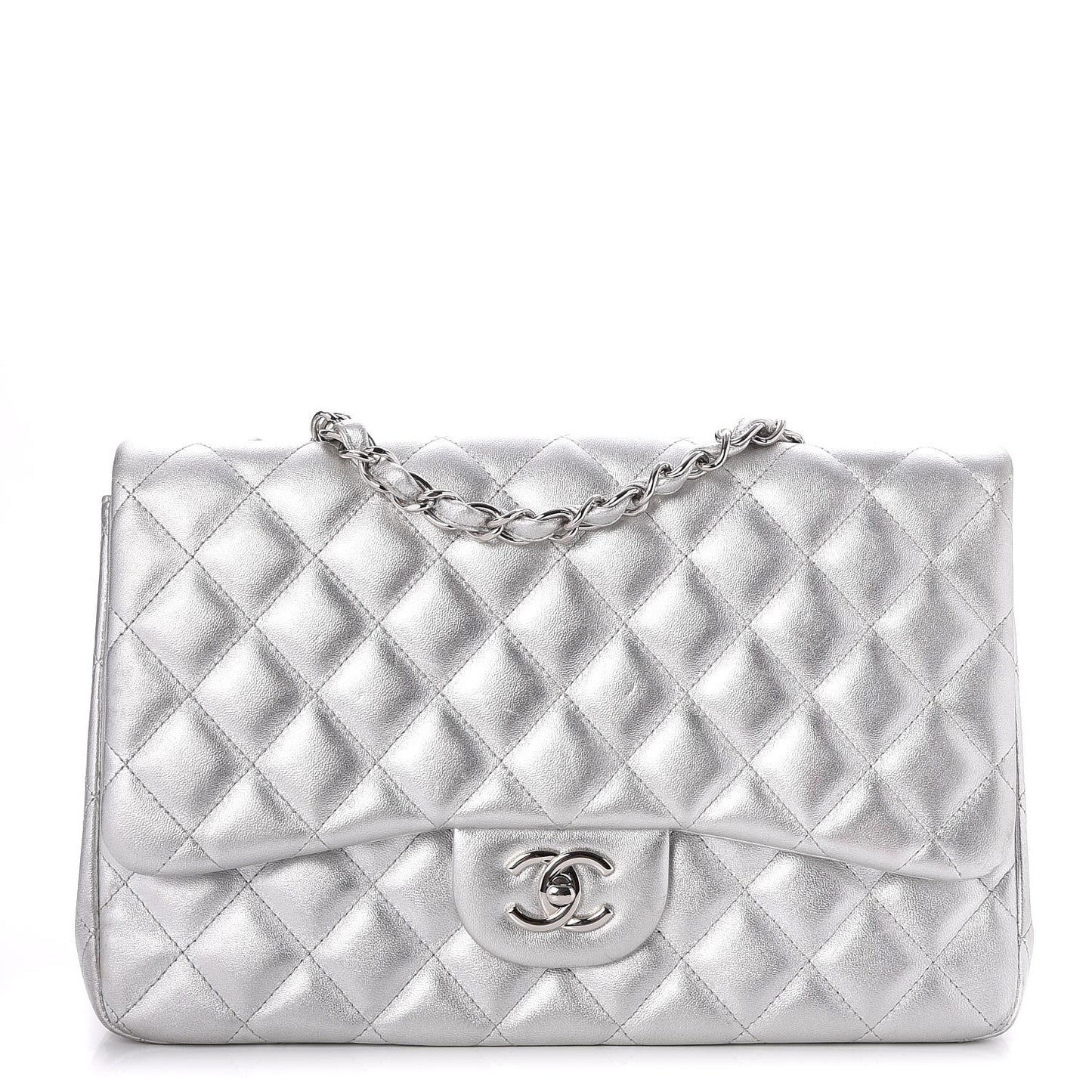 Metallic Lambskin Quilted Jumbo Single Flap Silver